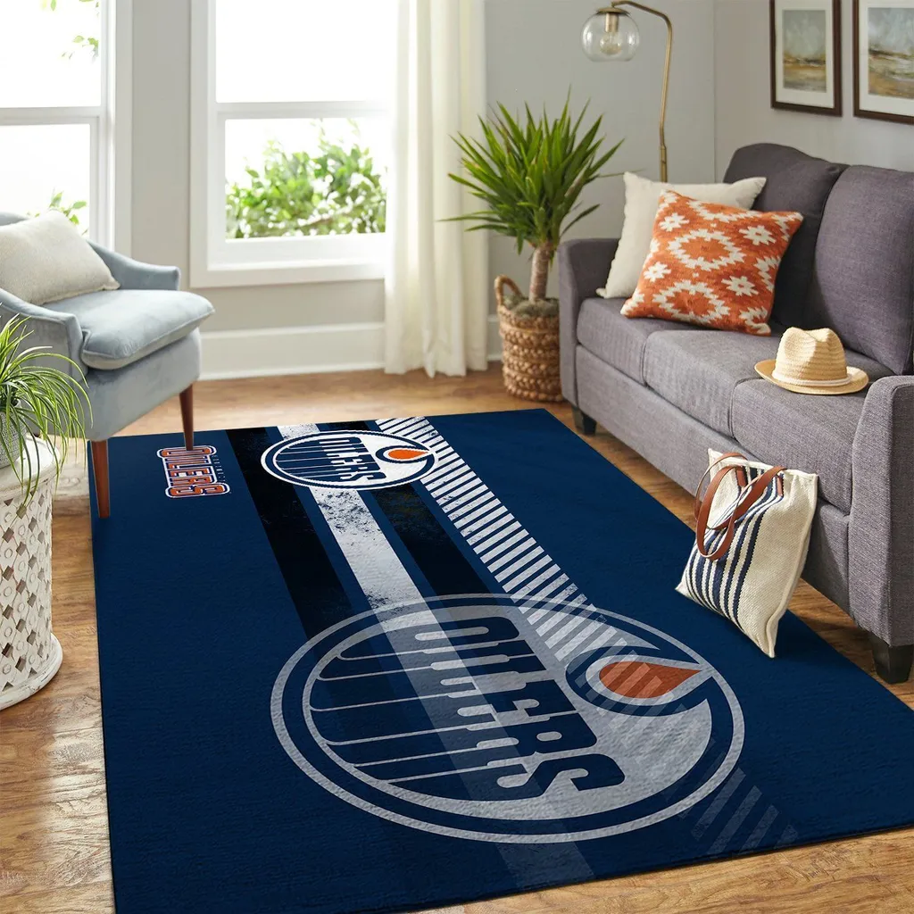 Edmonton Oilers Rug - for Living Room Floor Decor Blue and White