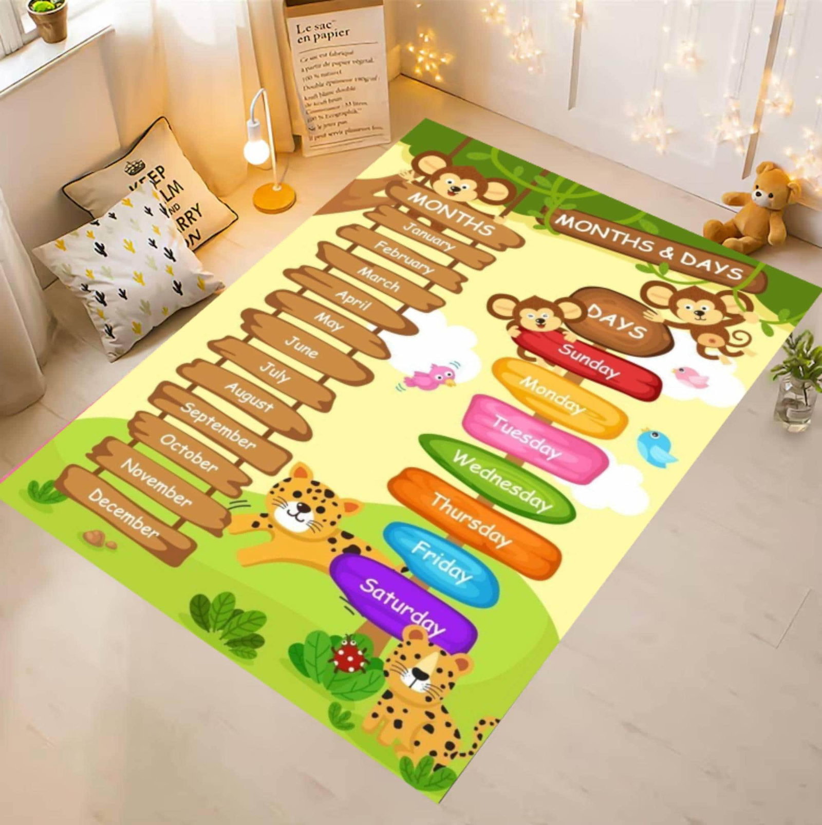 Educational Months and Days Rug, Jungle Animal Nursery  CarpetTVC1708395