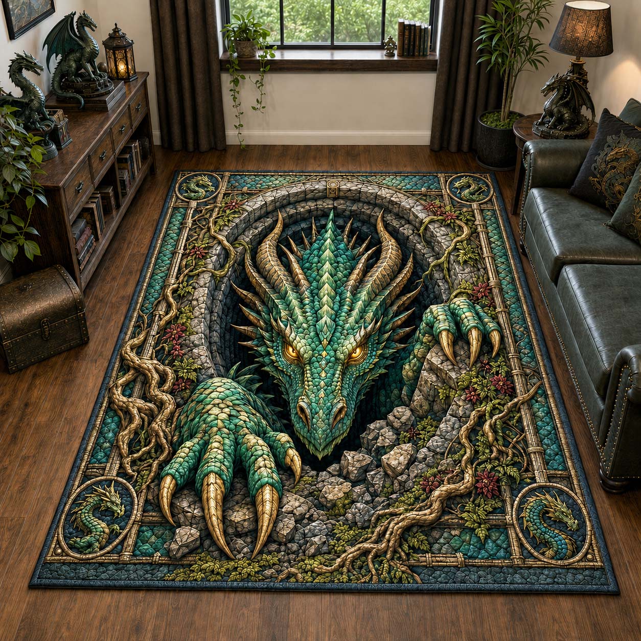 Emerald Moss Dragon Area Rug - Non-Slip Washable 3D Print Rug for Living Room & BedroomTVC210869