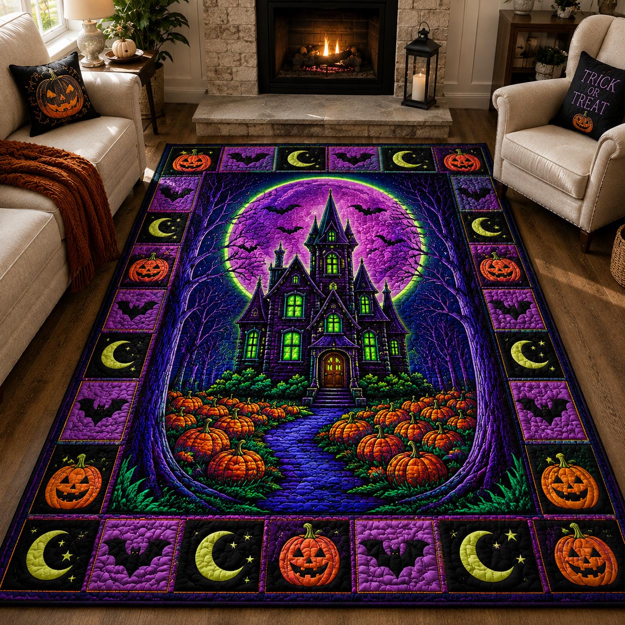 Emerald Pumpkin Patch Manor Area Rug - Non-Slip Washable 3D Print Rug for Living Room & BedroomTVC210859