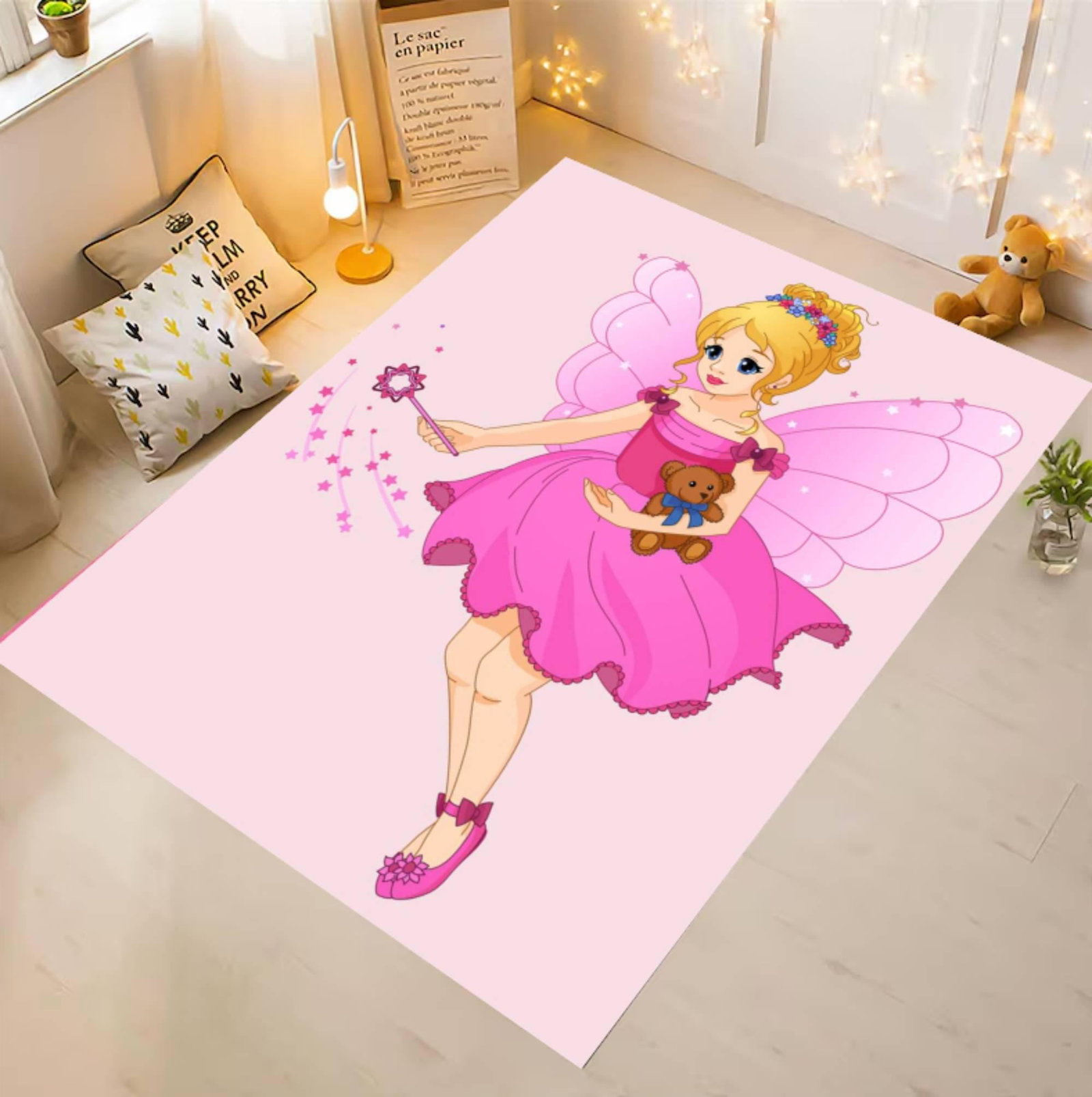 Fairy Princess Pink Area Rug, Magical Girl Room Carpet, Washable Playroom MatTVC1708396