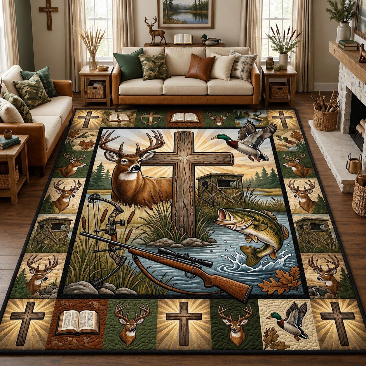 Faith Deer Wooden Cross Area Rug - Non-Slip Washable 3D Print Rug for Living Room & BedroomTVC210863