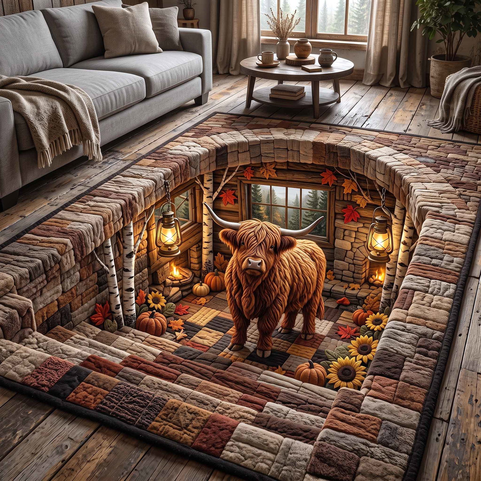 Fall Highland Cow Area Rug - Non-Slip Washable 3D Print Rug | Nature Accent RugTVC2108989