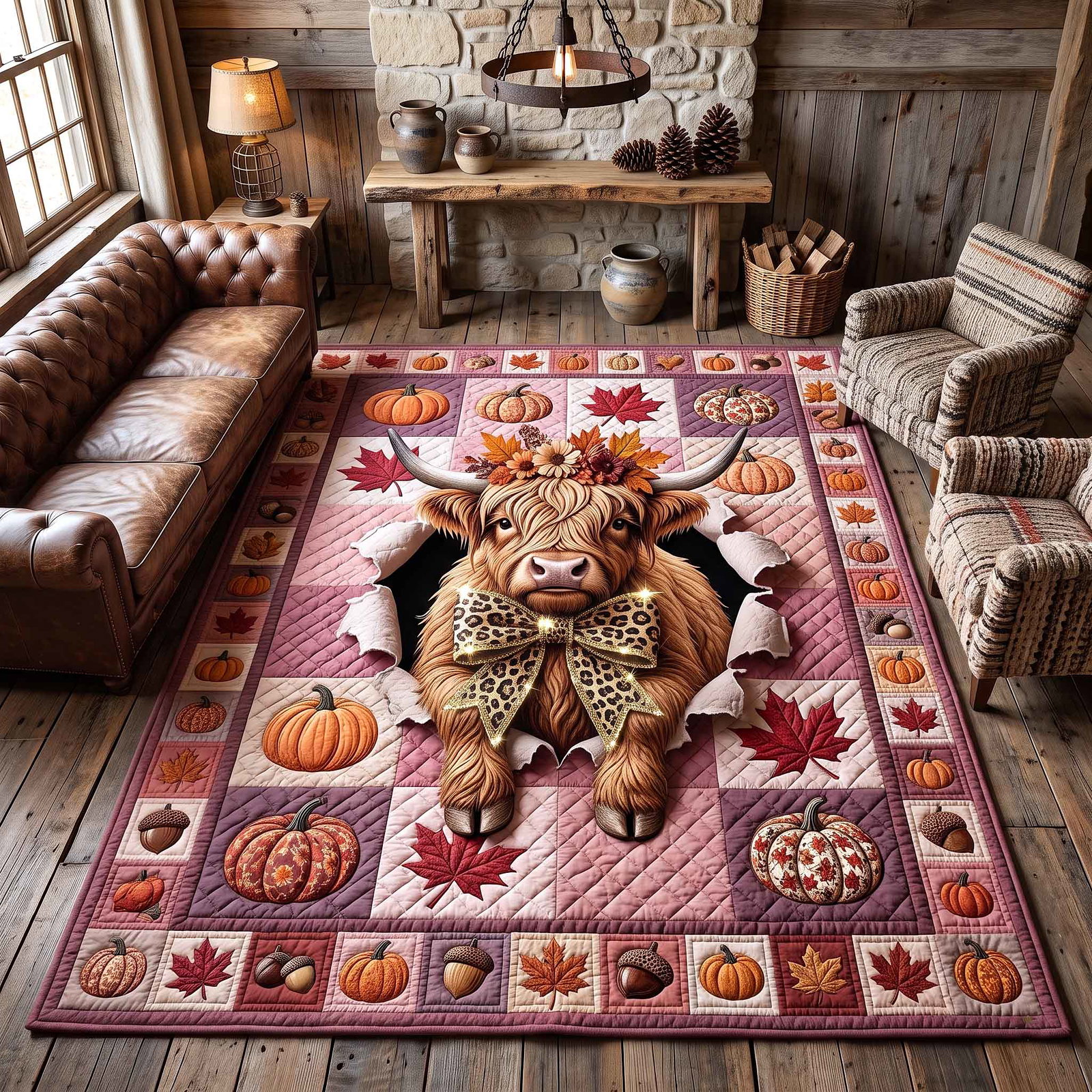 Fall Highland Cow Area Rug - Non-Slip Washable 3D Print Rug | Nature Living Room RugTVC2108989
