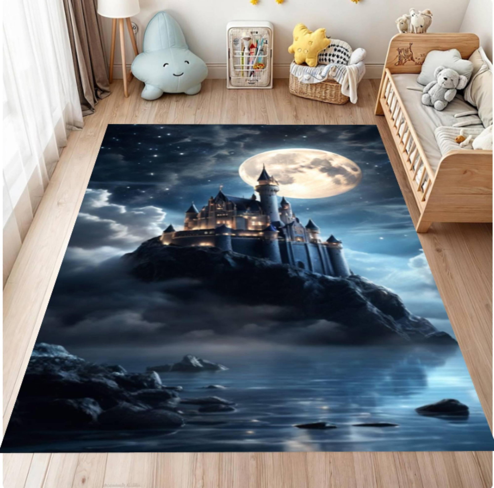 Fantasy Castle Washable Non-Slip Rug - Moonlight Night Castle LandscapeTVC1708361