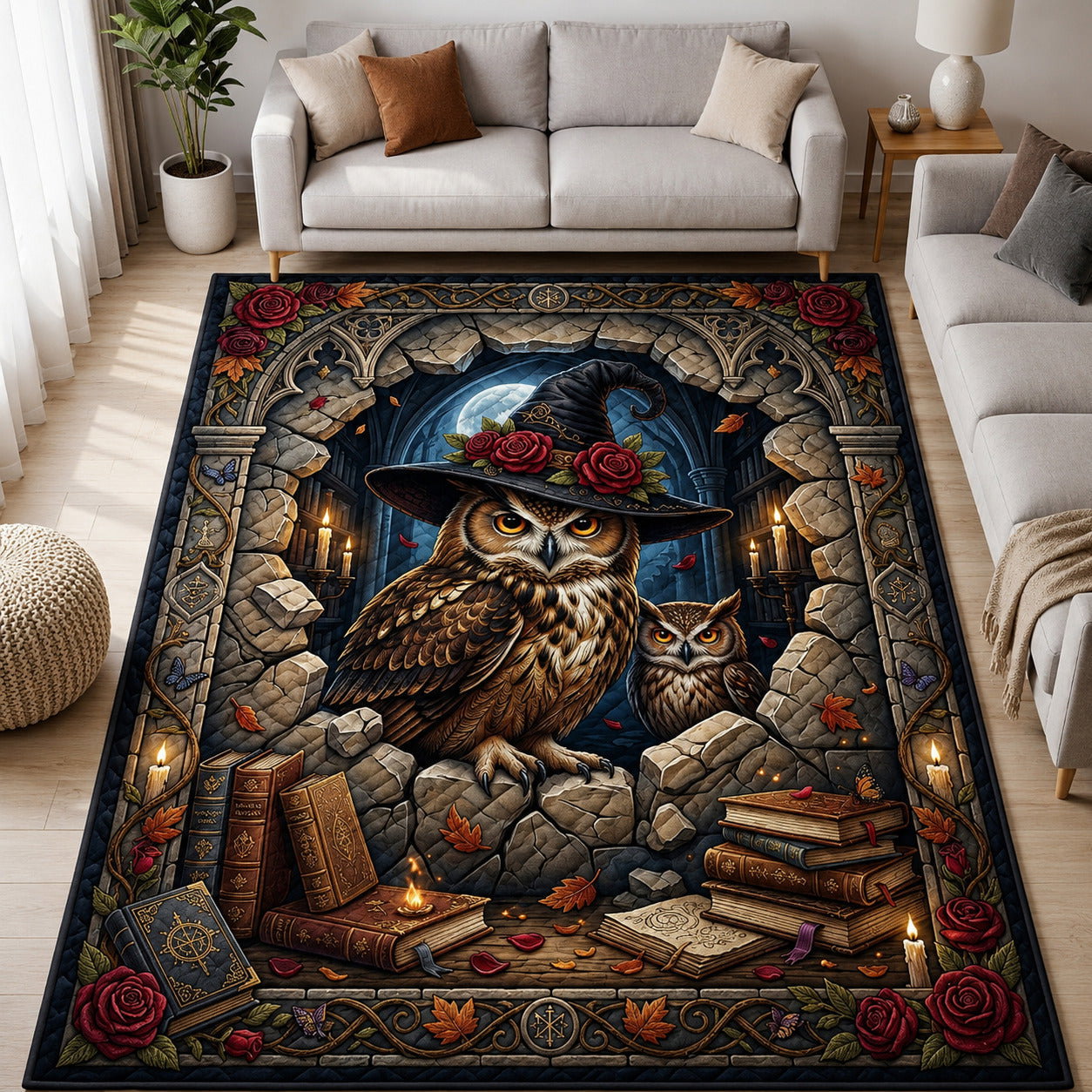 Fantasy Witch Owls Halloween Area Rug - Non-Slip Washable 3D Print Rug for Living Room & BedroomTVC2108150