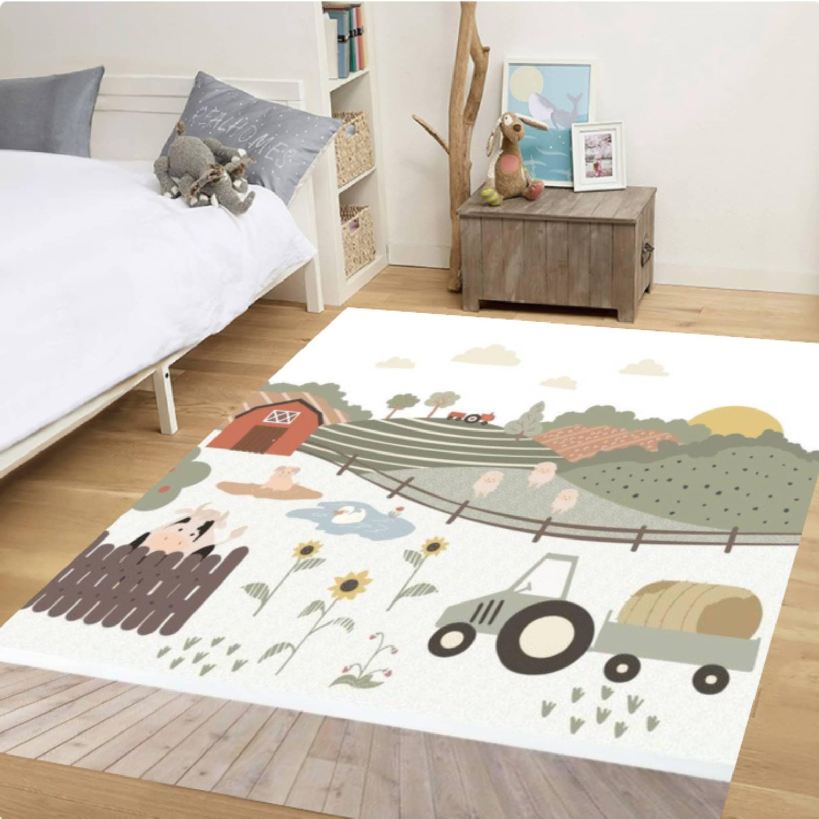 Farm Nursery Rug, Tractor Playroom Decor, Washable Kids Area RugTVC1708396