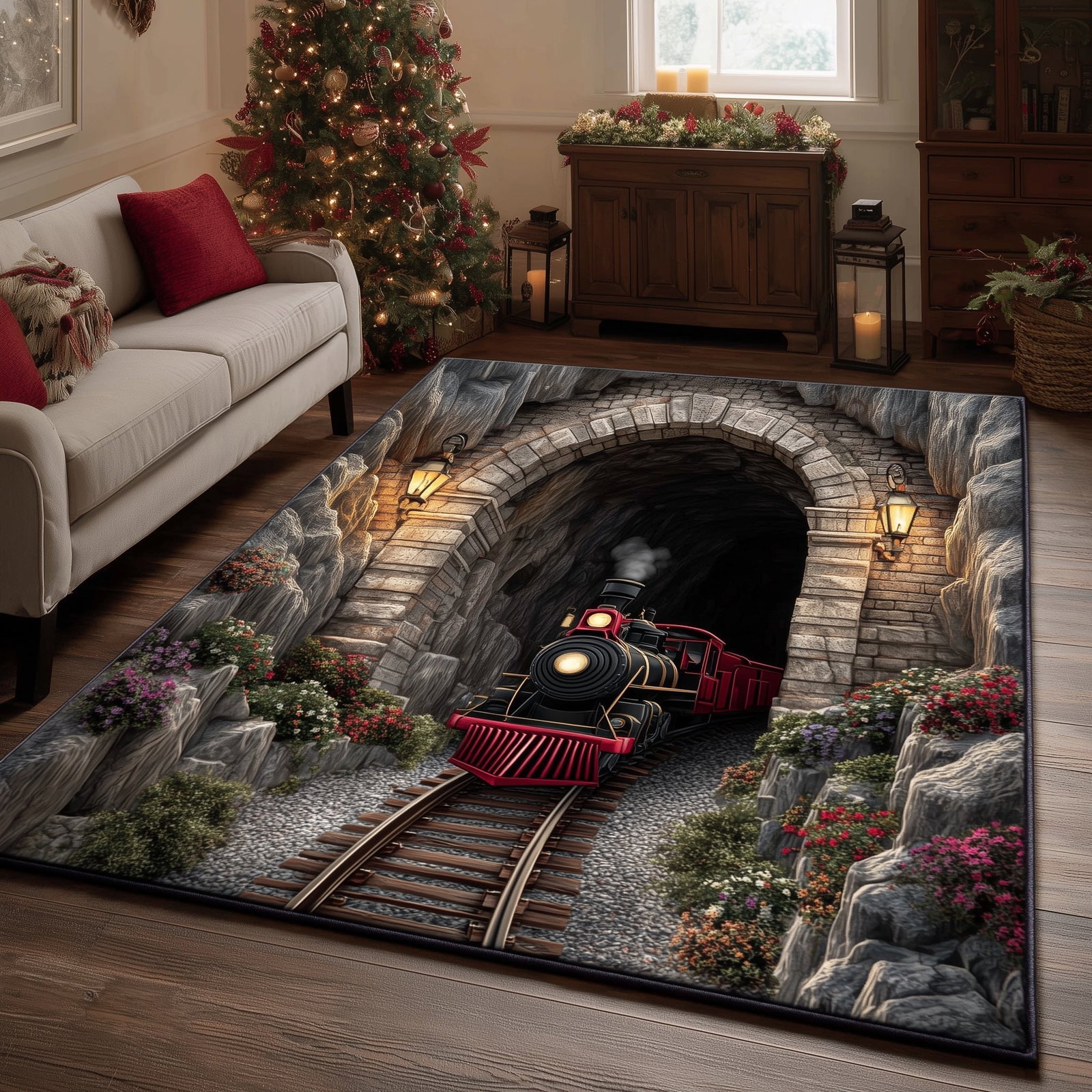 Festive Railway Area Rug - Non-Slip Washable 3D Print Rug for Living Room & BedroomTVC2108150