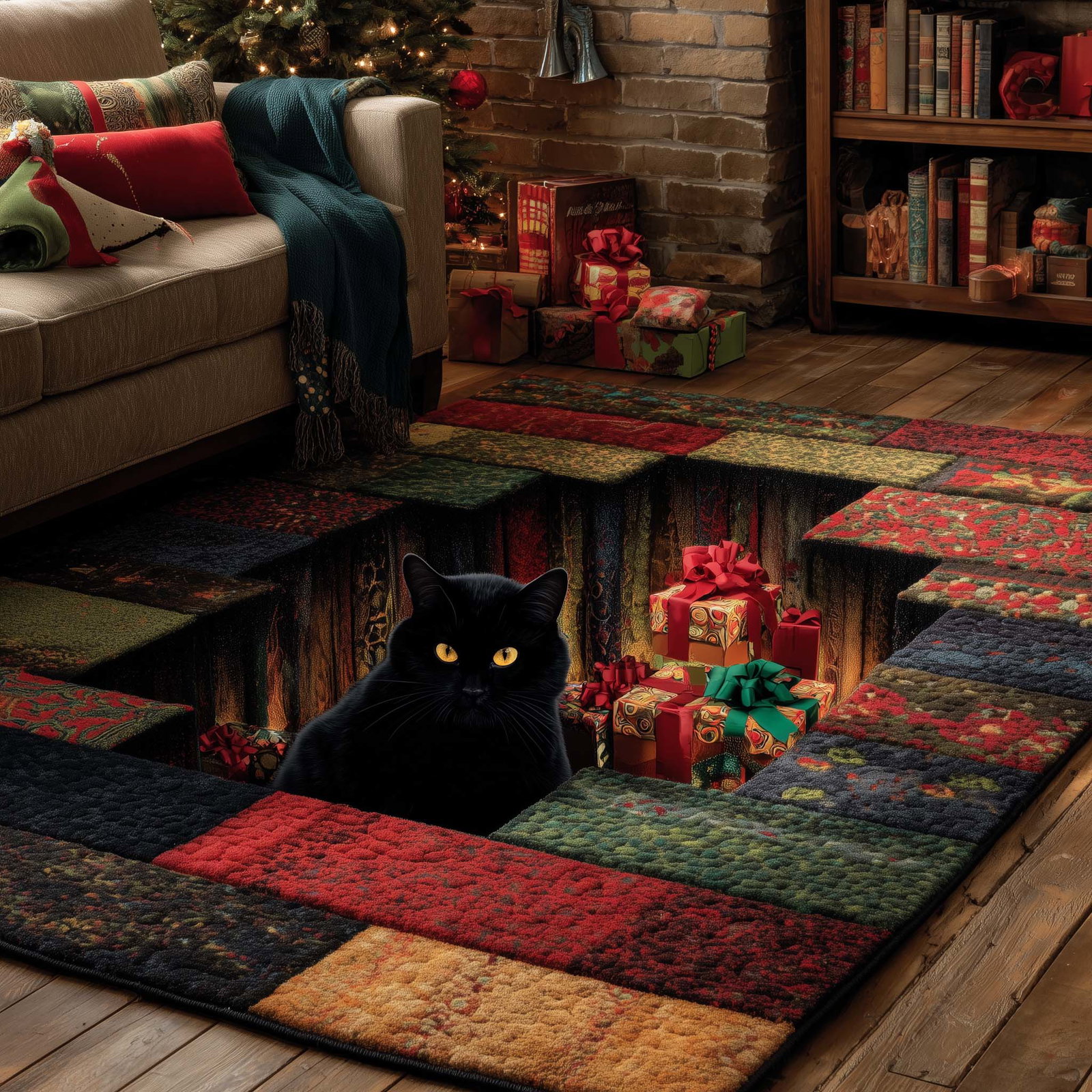 Festive Shadow Paws Area Rug - Non-Slip Washable 3D Print Rug for Living Room & BedroomTVC2108162