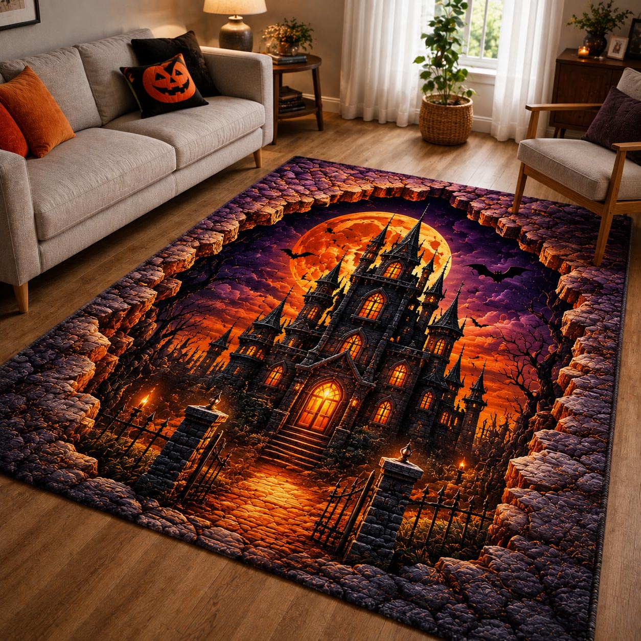 Fiery Sunken Gothic Manor Area Rug - Non-Slip Washable 3D Print Rug for Living Room & BedroomTVC210859