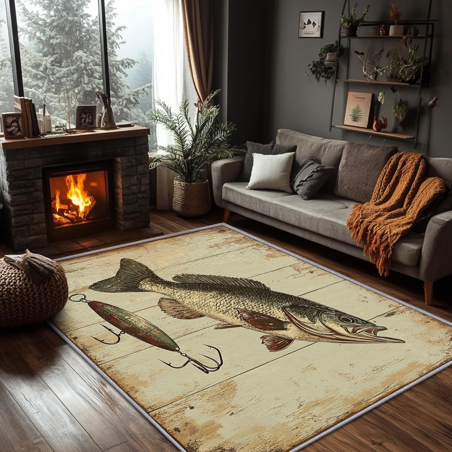 Fishing Rugs for Man Cave - 36"L x 24"W Rug - Fishing Rug - Bass Fish Wildlife Rustic Area Rug