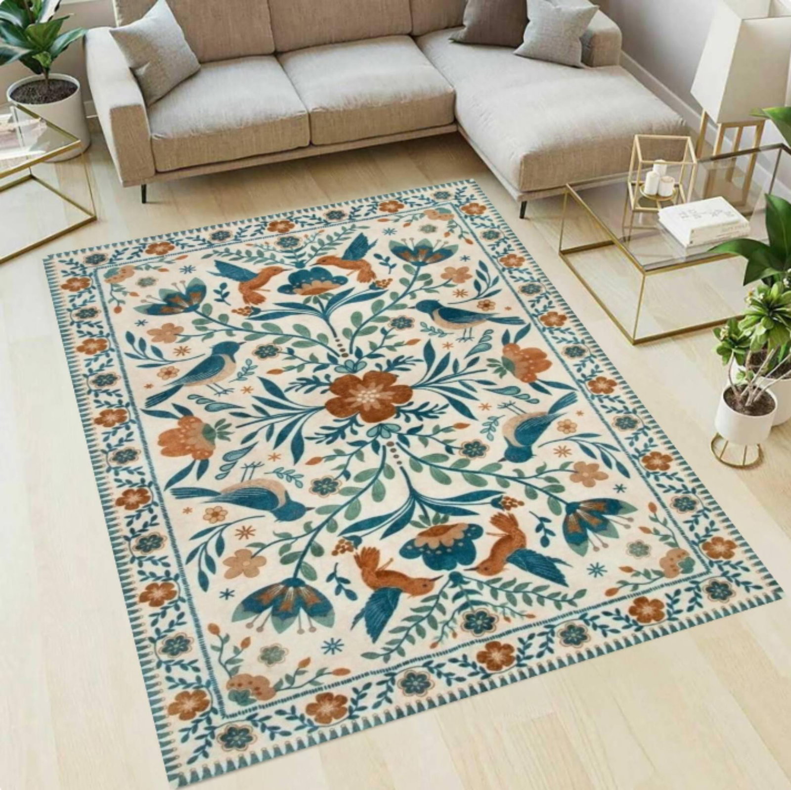 Floral Bird Area Rug, Washable Folk Art Botanical CarpetTVC1708396