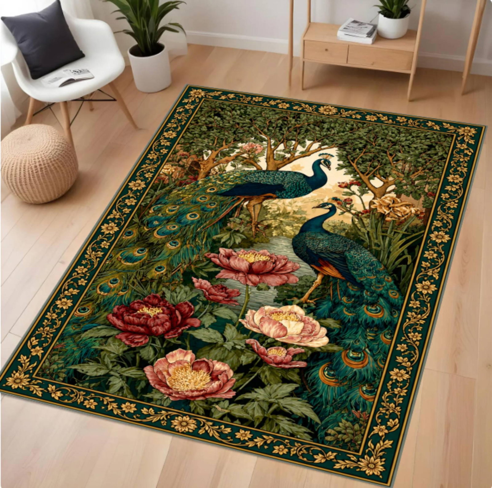 Floral Rug Peacock Maximalist Bird Rug Vintage Botanical Living RoomTVC1708367