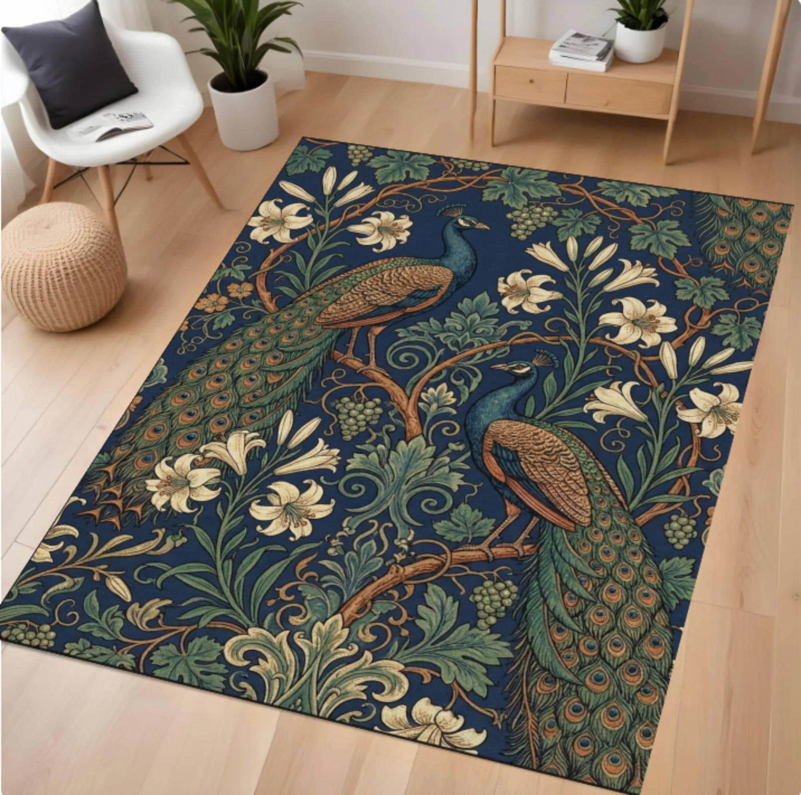 Floral Rug Peacock Vintage Botanical Bird Rug Teal Decor WashableTVC1708368