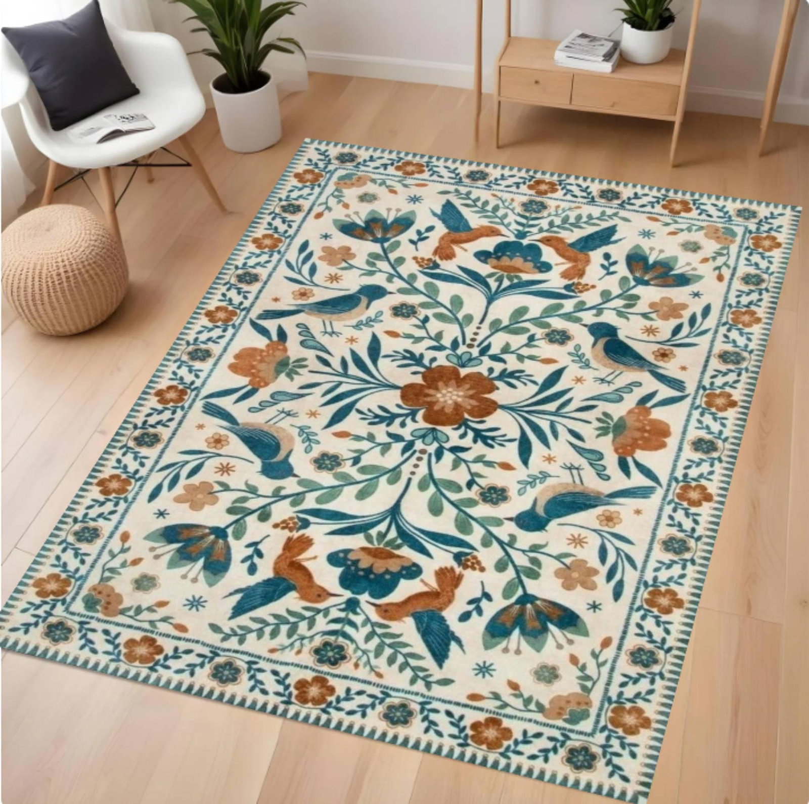 Floral Rug with Birds Washable Rug with Botanical Folk ArtTVC1708374