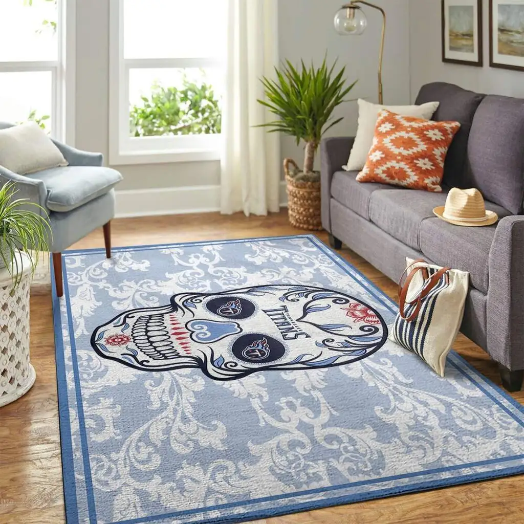 Floral Sugar Skull Area Rug for Living Room Decor Blue and White