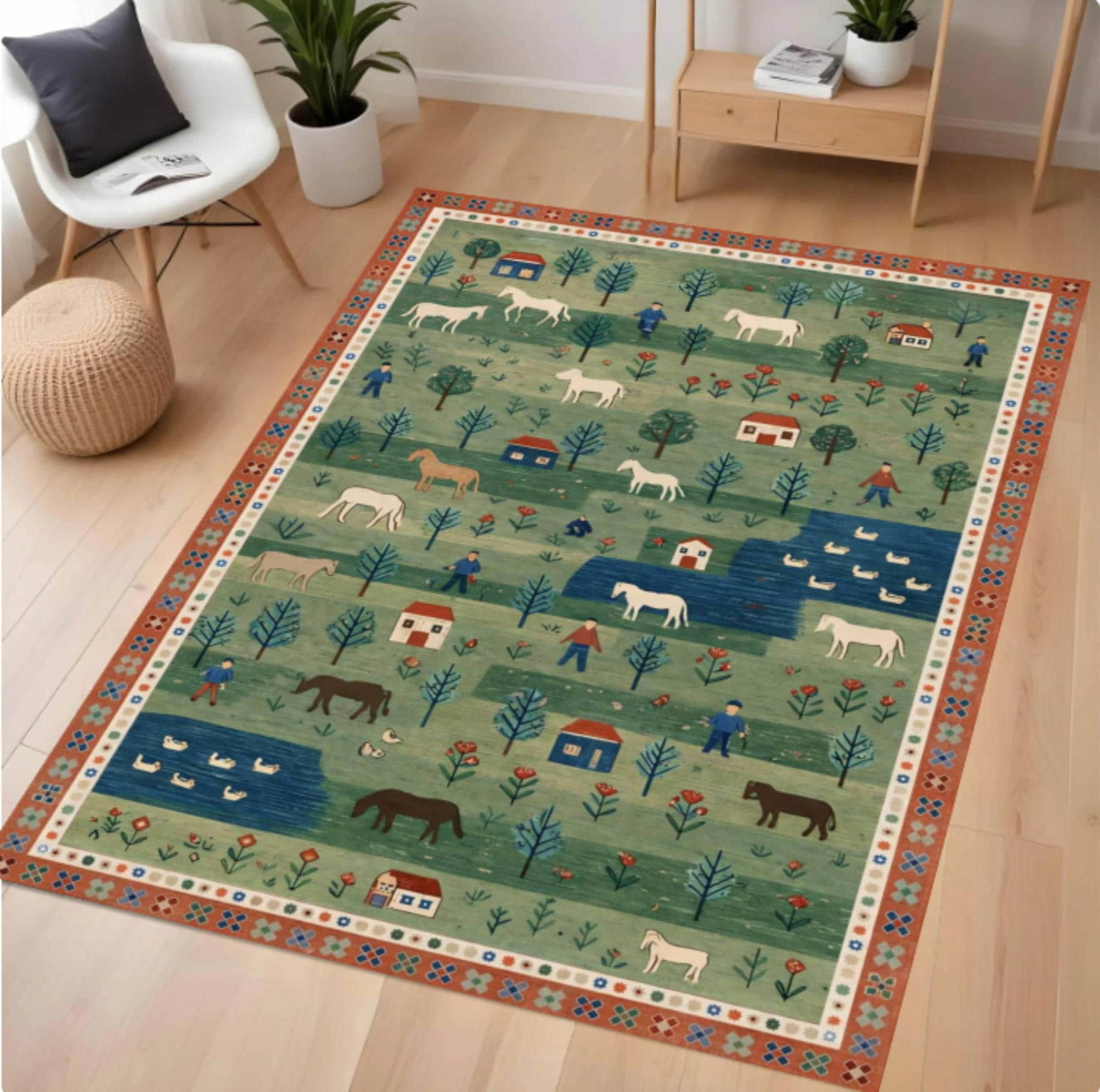 Folk Art Pastoraal Tafereel Karpet Farm Landelijk Landscape Rug WashableTVC1708373