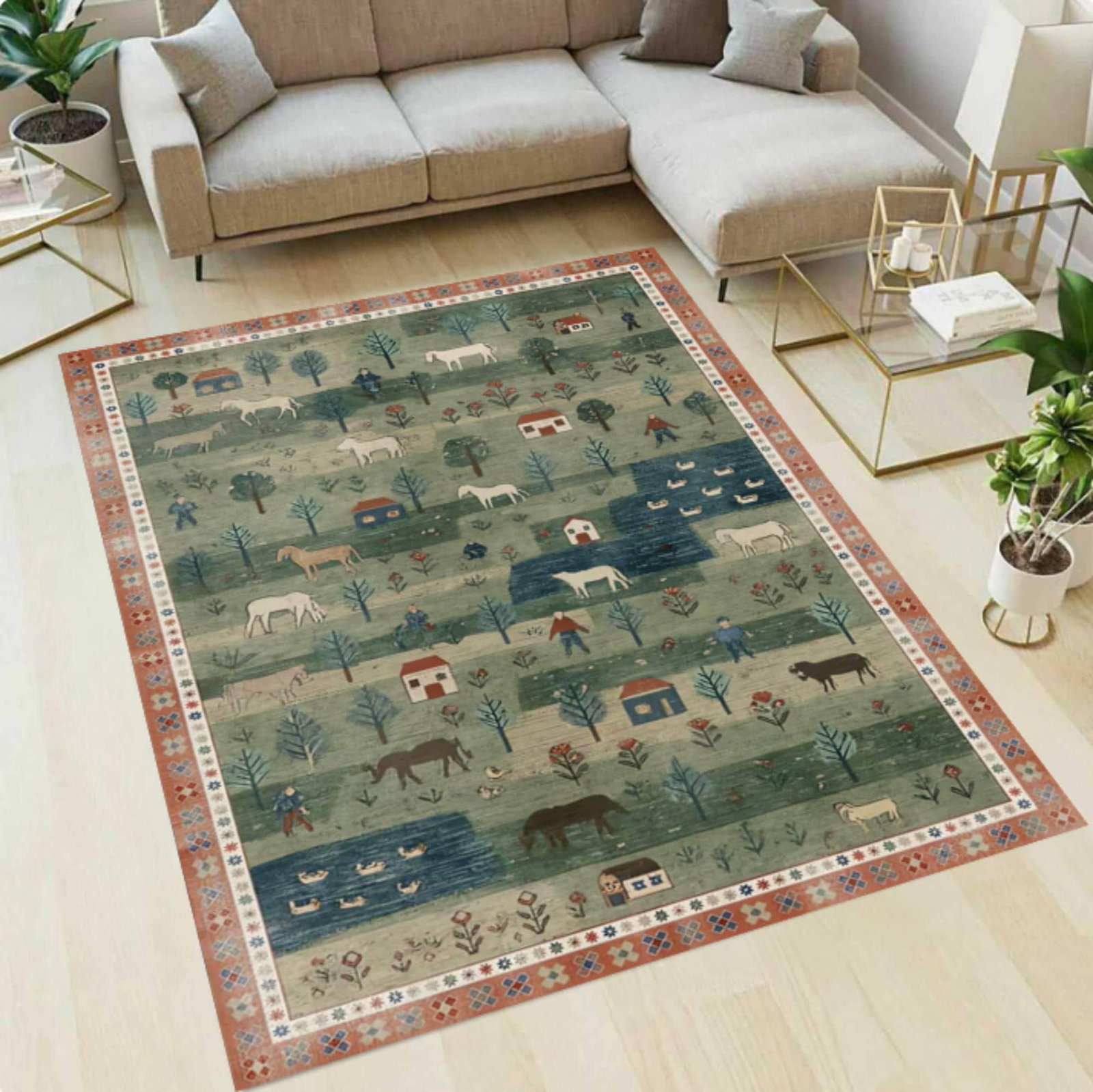 Folk Art Pastoral Scene Area Rug, Farmhouse Country LandscapeTVC1708397