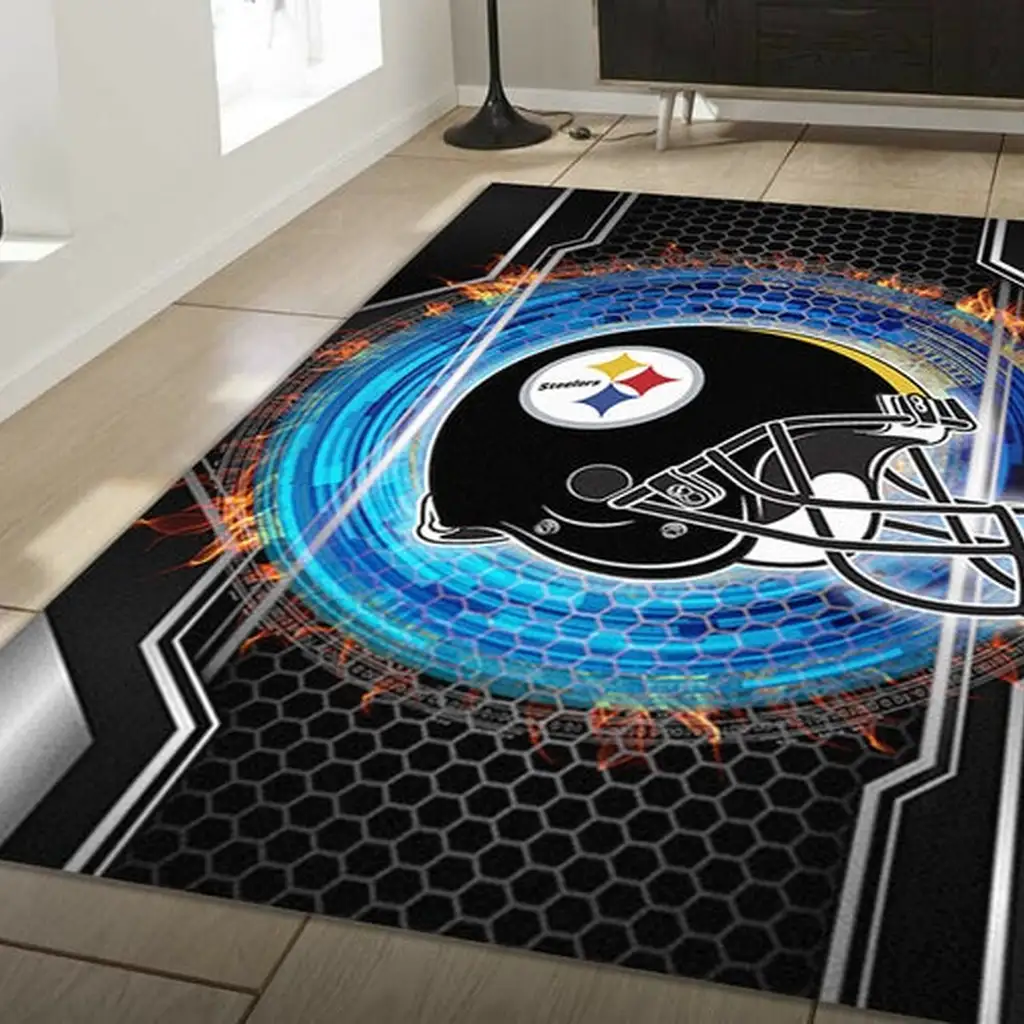 Football Helmet Rug for Stylish Modern Living Rooms Black and Blue