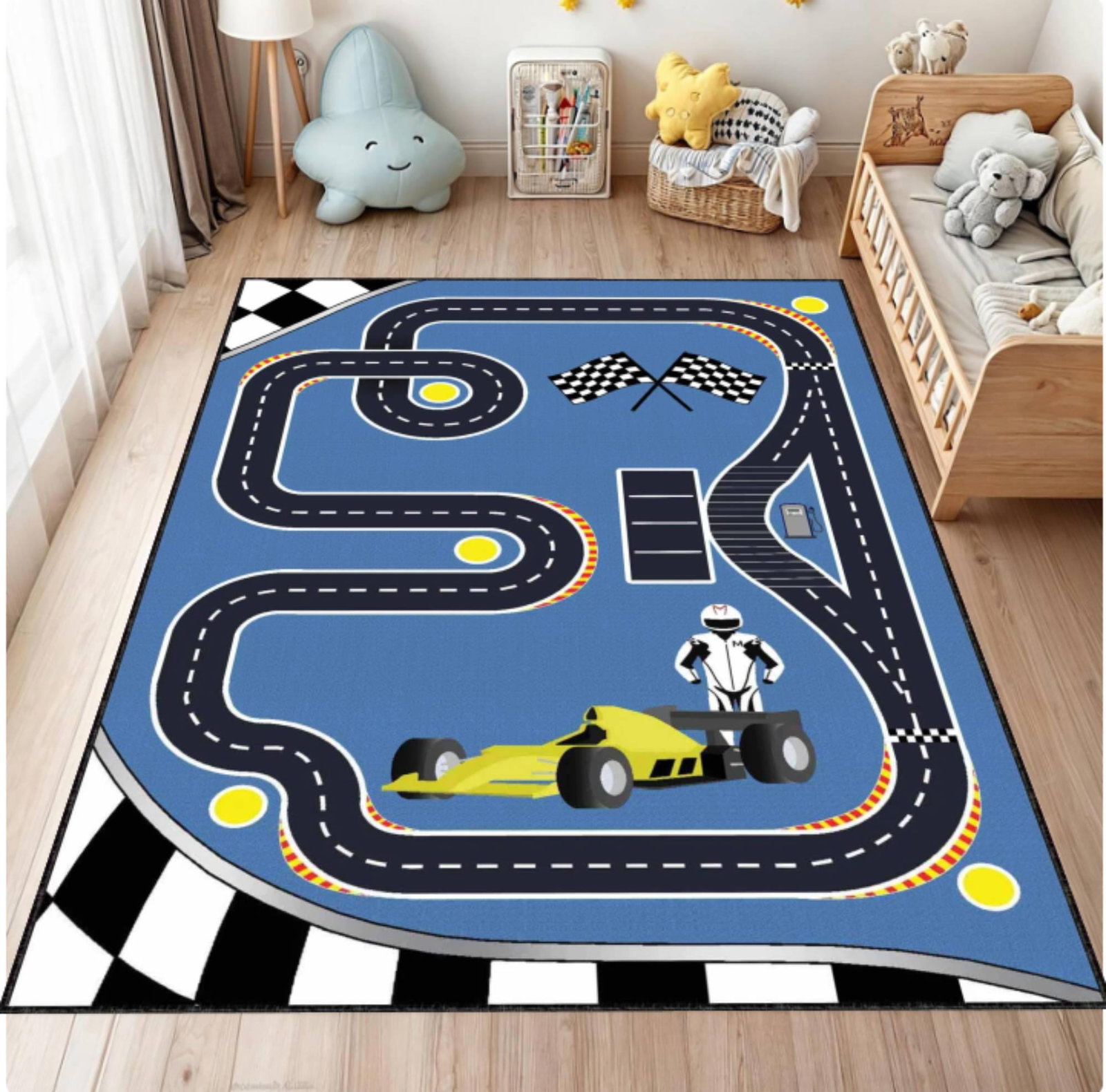 Formula Race Track Kids Rug | Blue Car Racing Playroom CarpetTVC1708355