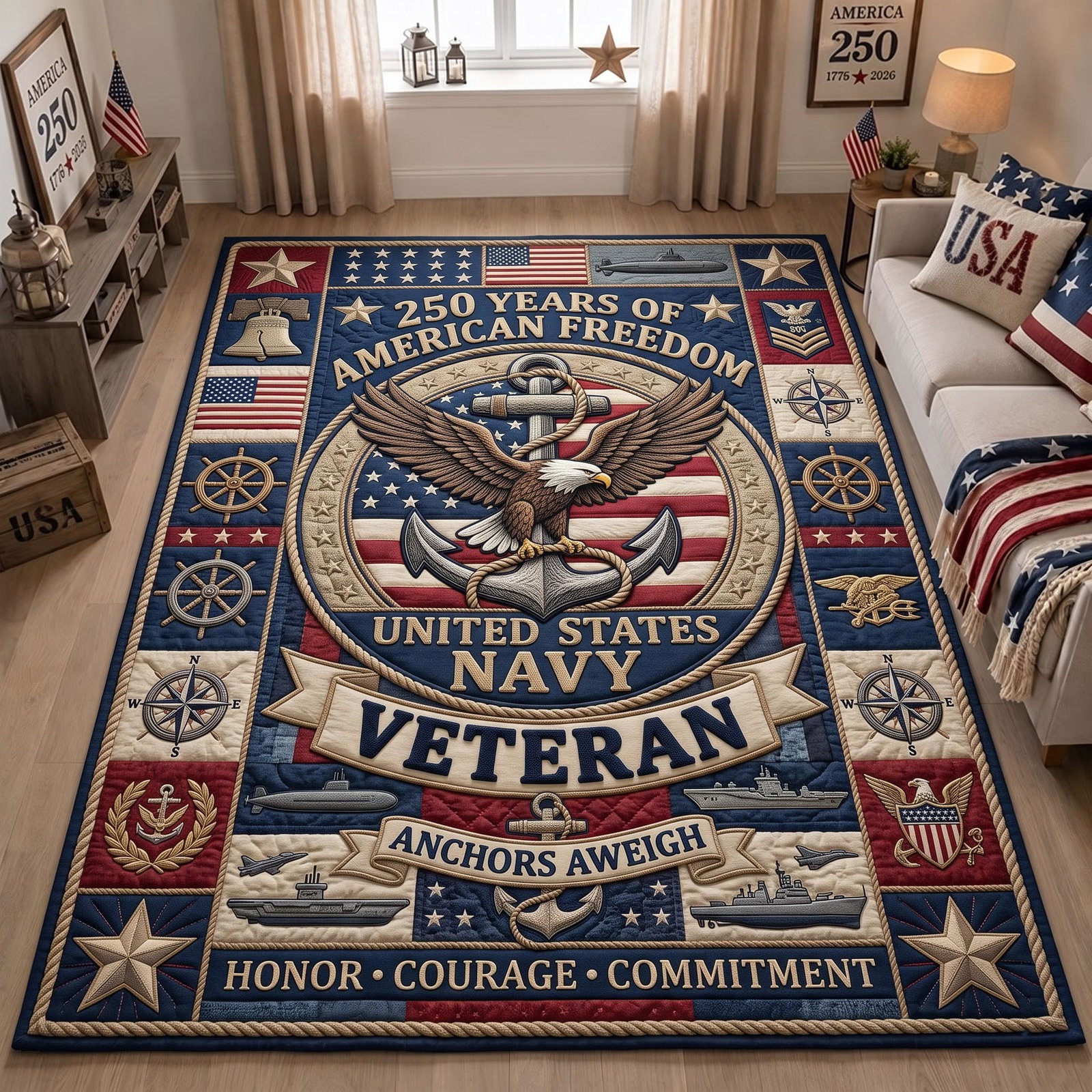 Freedom Eagle Anchor Crest Area Rug - Non-Slip Washable 3D Print Rug for Living Room & BedroomTVC210860