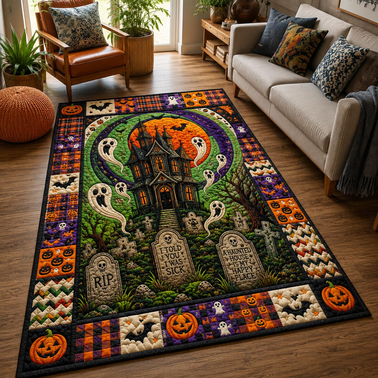 Ghost Graveyard Green Glow Area Rug - Non-Slip Washable 3D Print Rug for Living Room & BedroomTVC210859