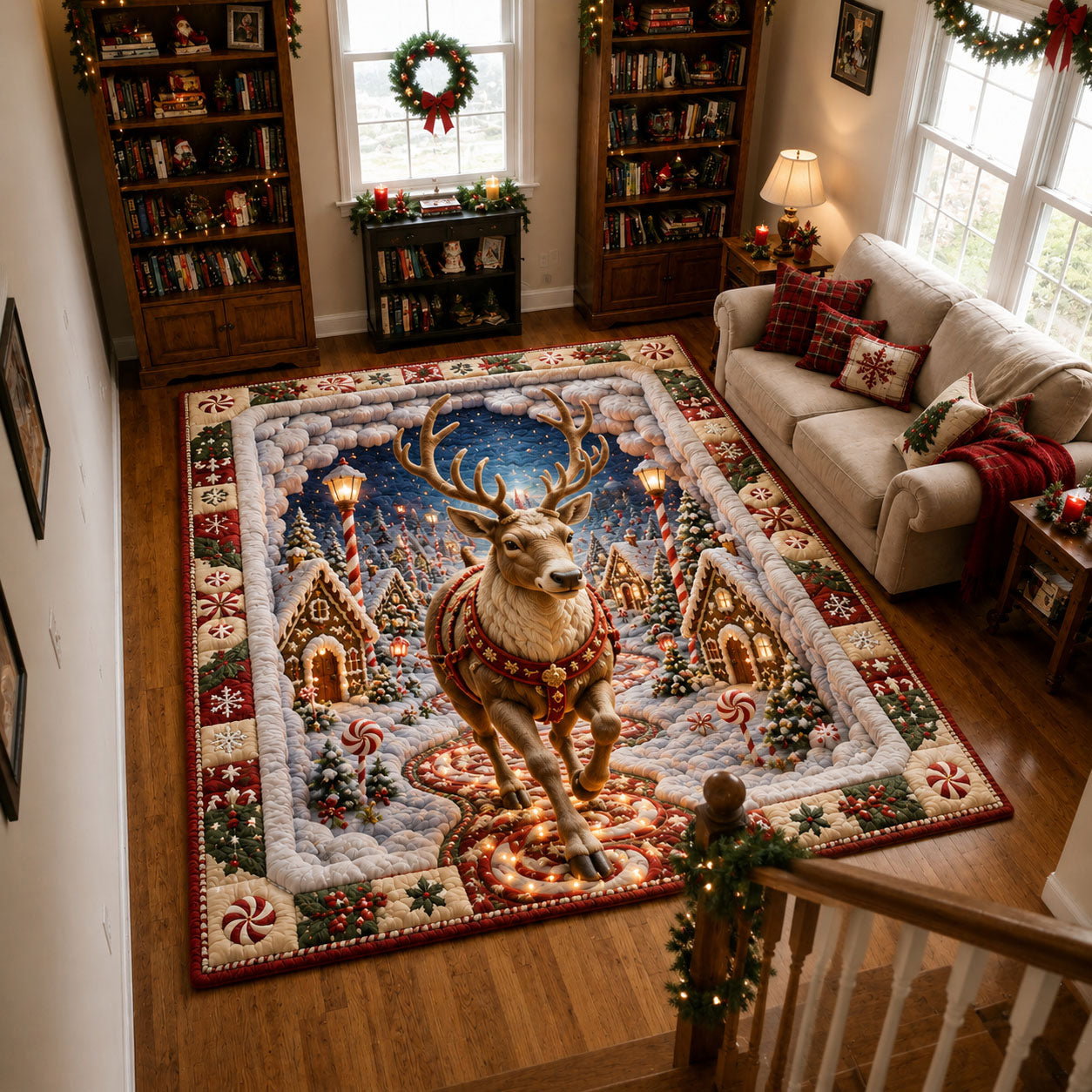 Gingerbread Village Reindeer Area Rug - Non-Slip Washable 3D Print Rug for Living Room & BedroomTVC210867