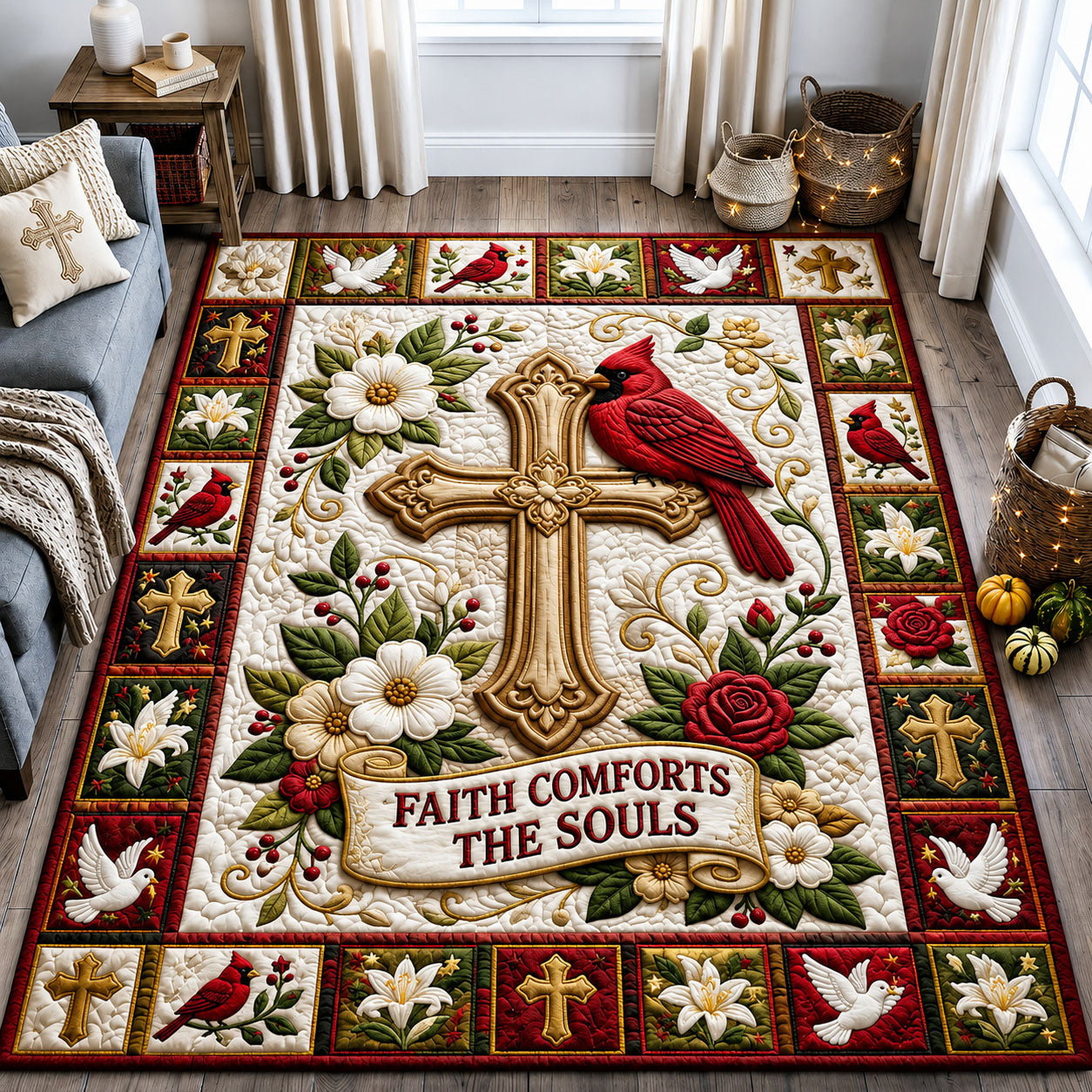 Golden Cross Lily Doves Area Rug - Non-Slip Washable 3D Print Rug for Living Room & BedroomTVC210858