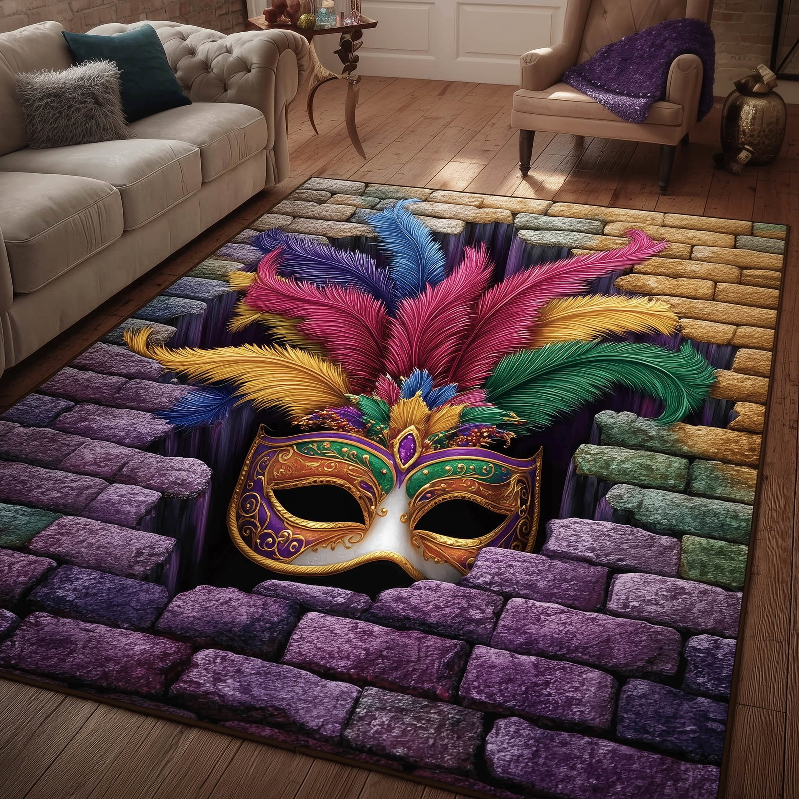 Golden Masquerade Area Rug - Non-Slip Washable 3D Print Rug for Living Room & BedroomTVC2108160