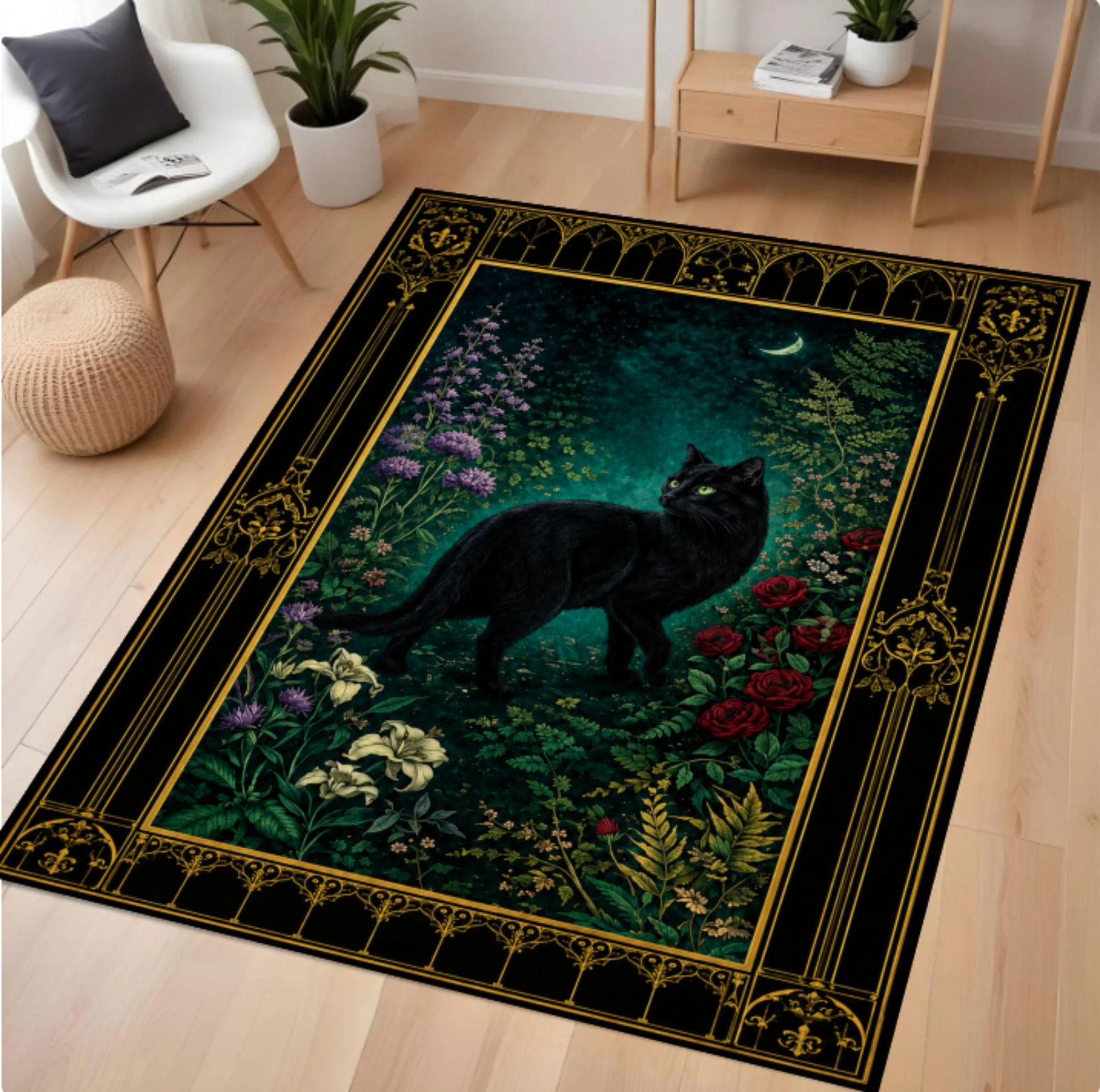 Gothic Rug Black Cat Dark Academia Floral Rug Witchy CottagecoreTVC1708367