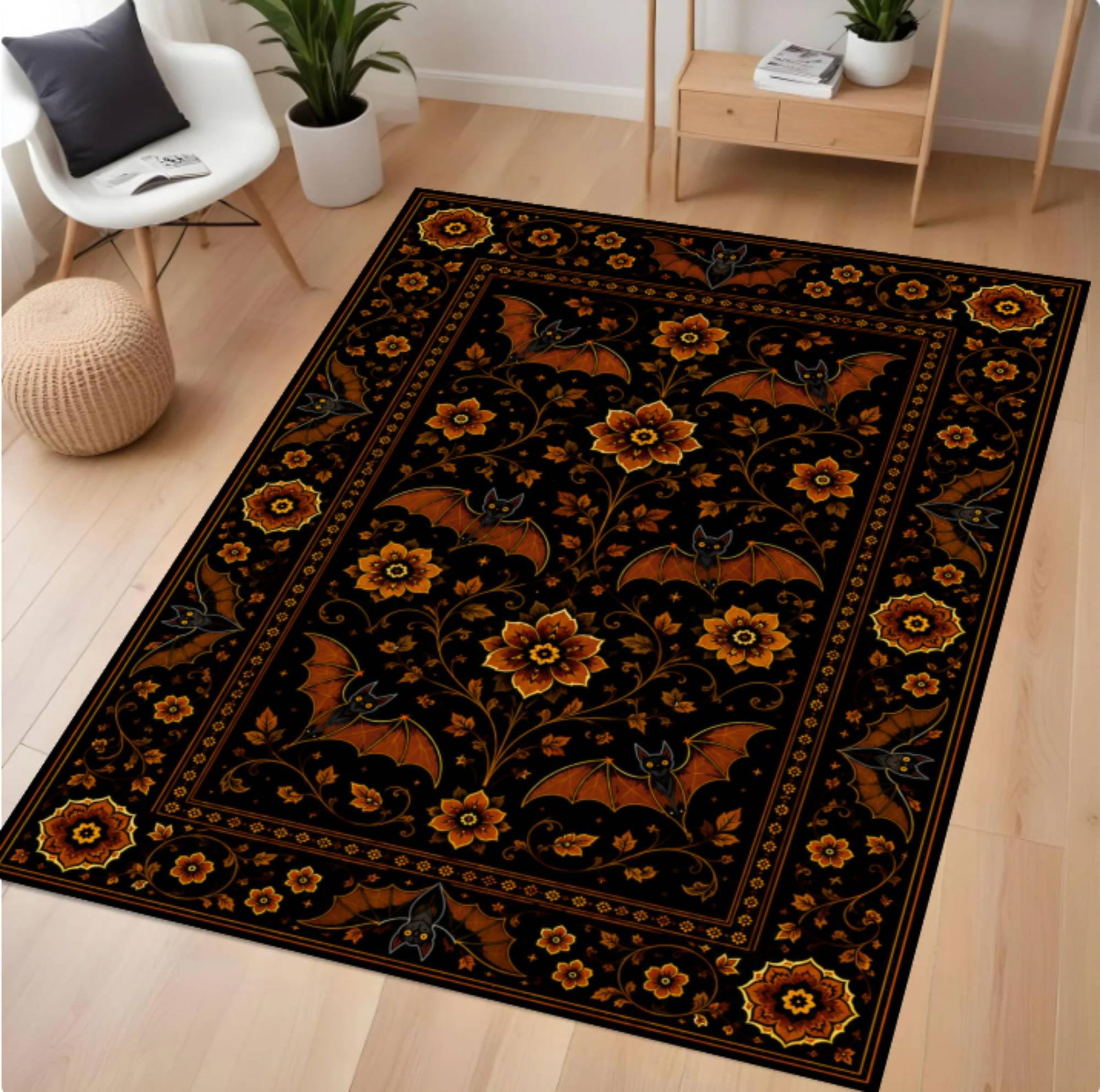 Gothic Rug with Bats and Floral Print Vintage Halloween-decoratie forTVC1708375