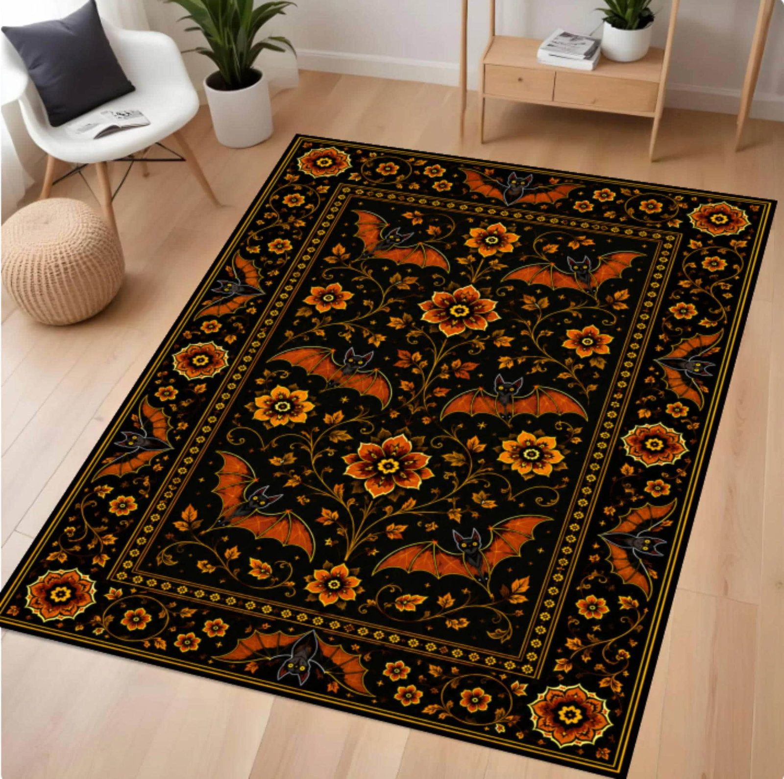 Gothic Rug with Bats and Floral PrintTVC1708376