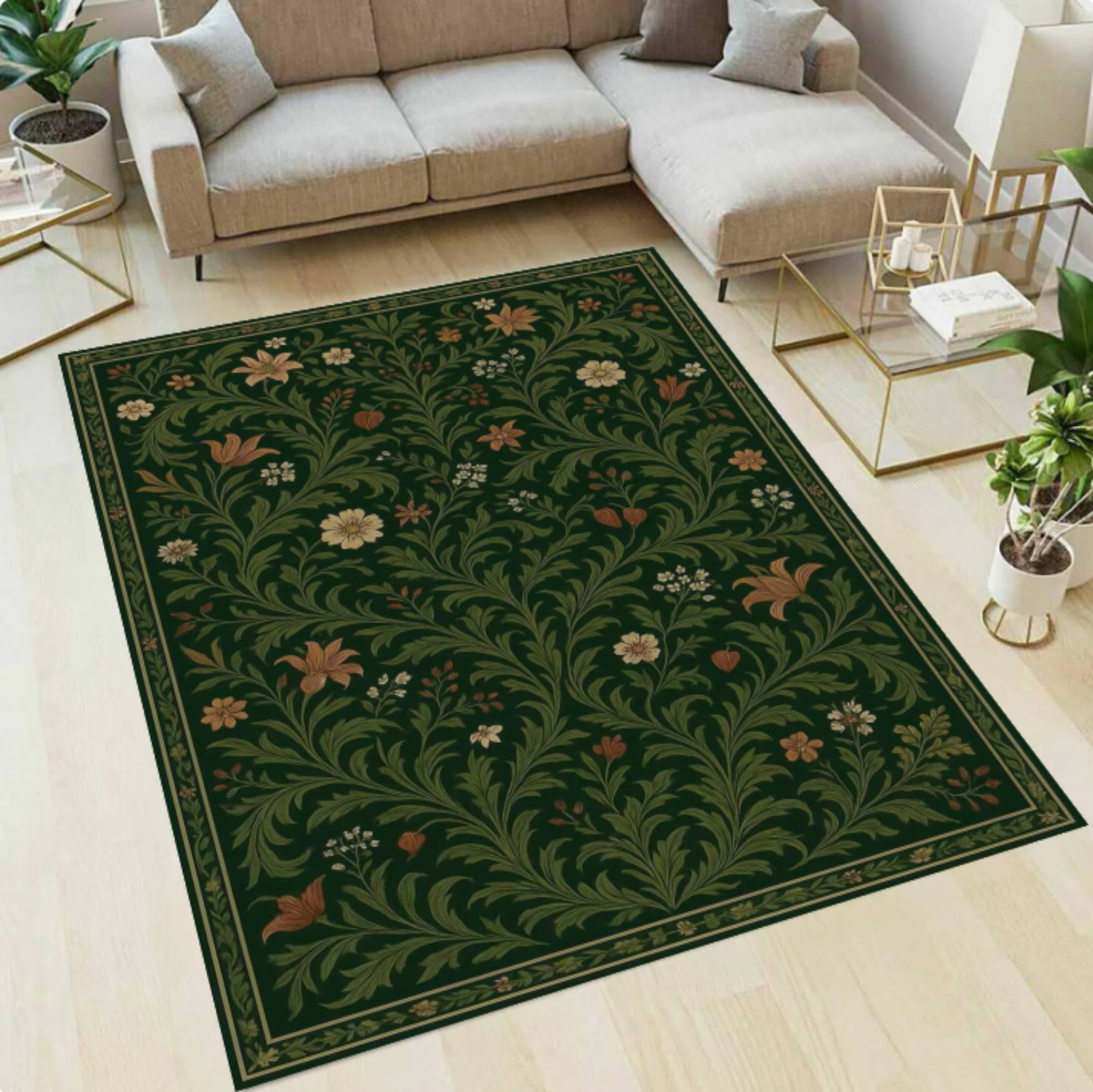 Green Floral Botanical Area Rug, Vintage Cottagecore Nature CarpetTVC1708396