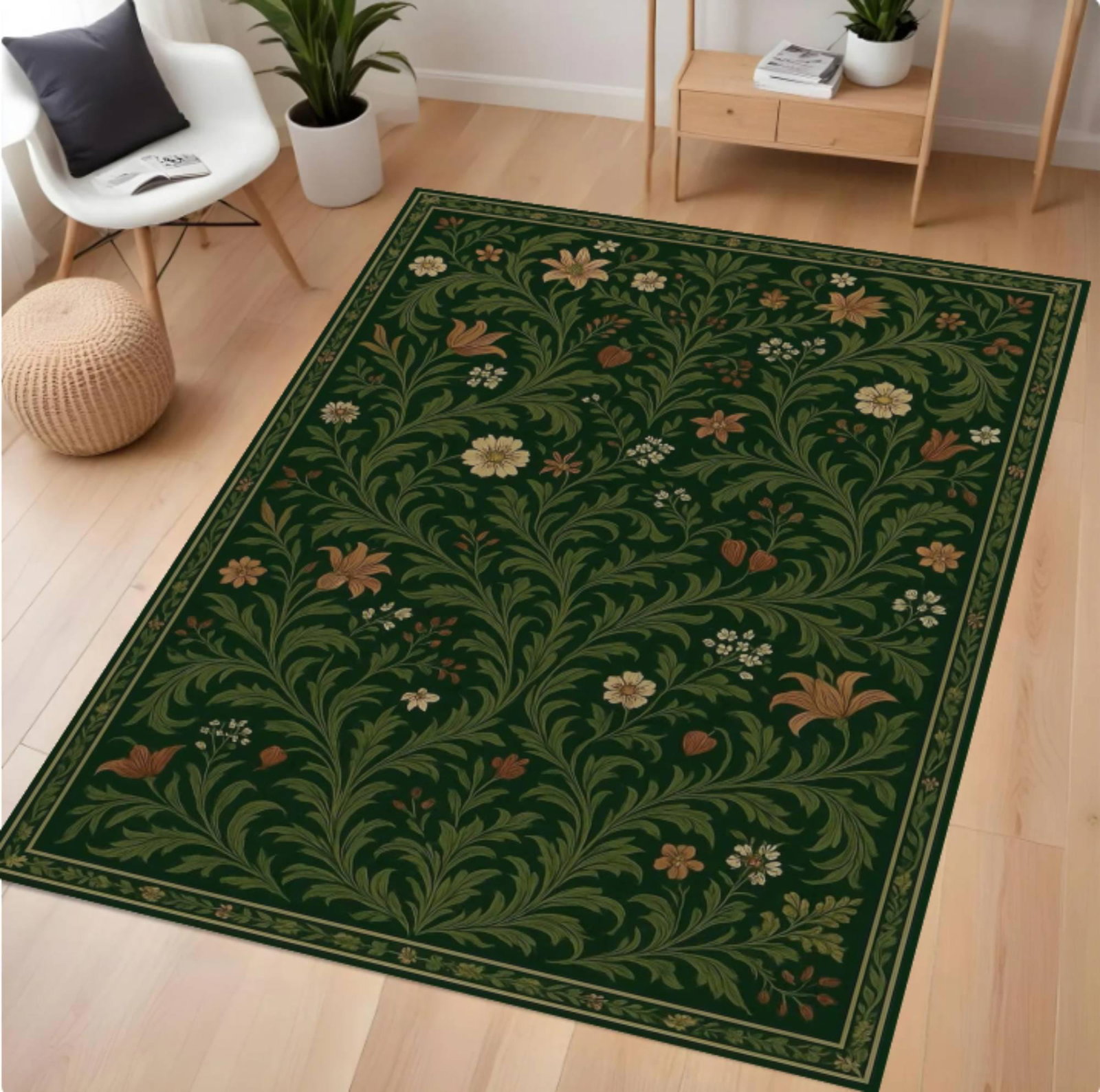 Green Floral Botanical Rug Vintage Cottagecore-natuurtapijt Washable Non-slip RugTVC1708374