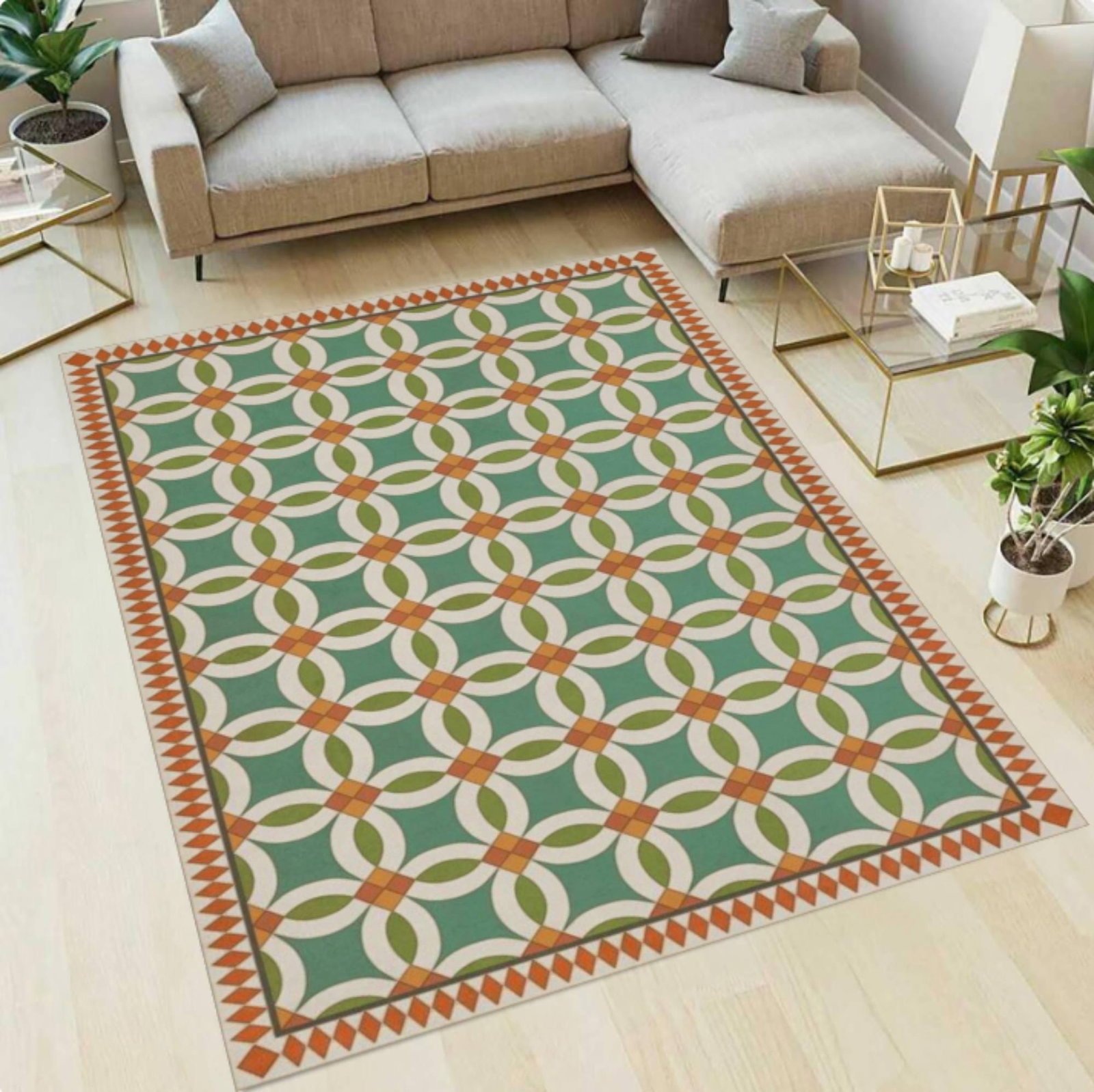 Green Geometric Tile Area Rug, Mediterranean Modern Living Room DecorTVC1708387