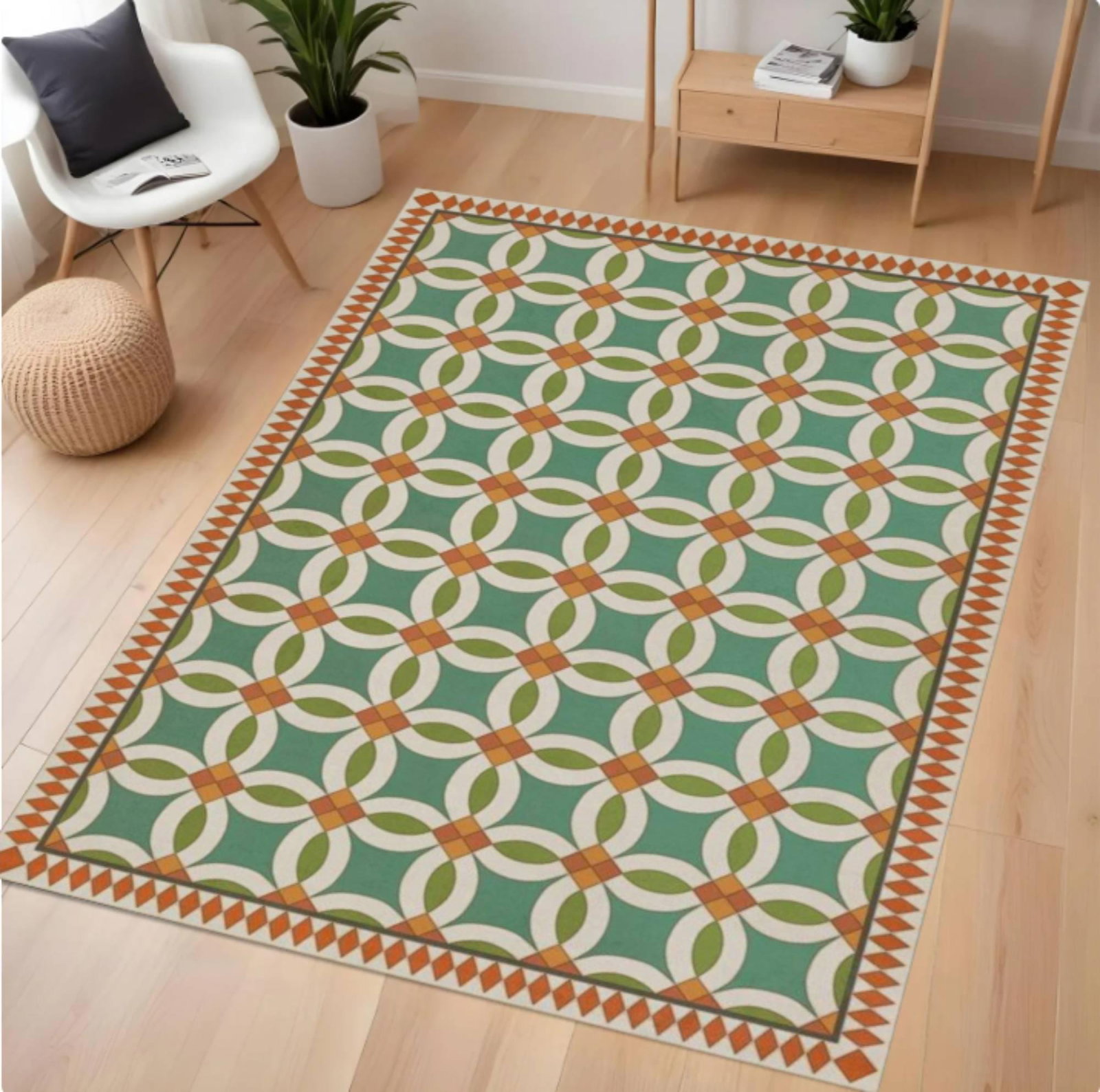 Green Geometric Tile Rug Washable Non-slip Floor Rug on RetroTVC1708362