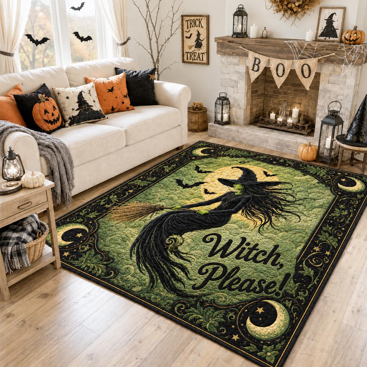 Green Witch Silhouette Sass Area Rug - Non-Slip Washable 3D Print Rug for Living Room & BedroomTVC210859