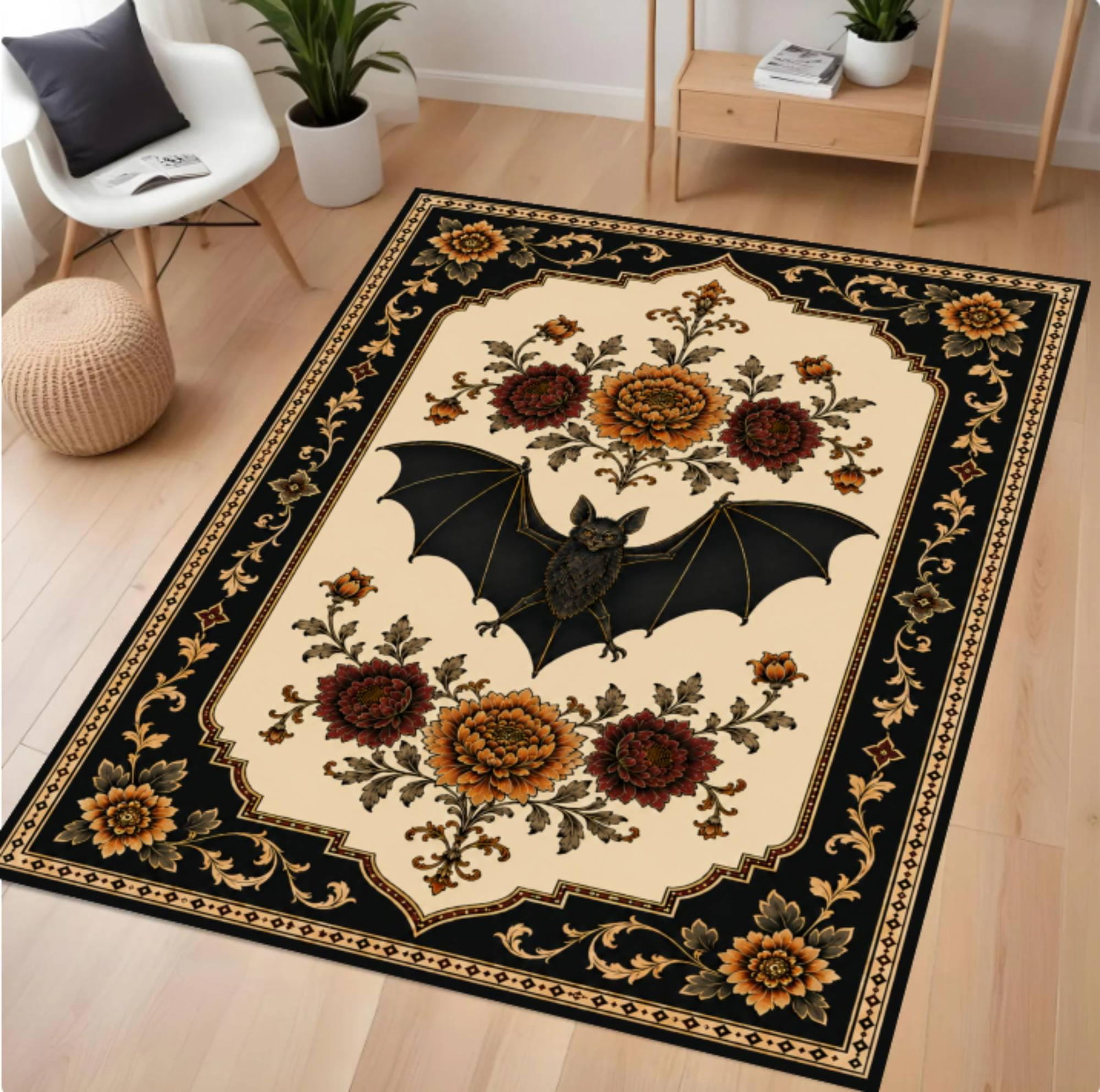Halloween Bats Rug Gothic Floral Rug Vintage Halloween Decor WashableTVC1708375