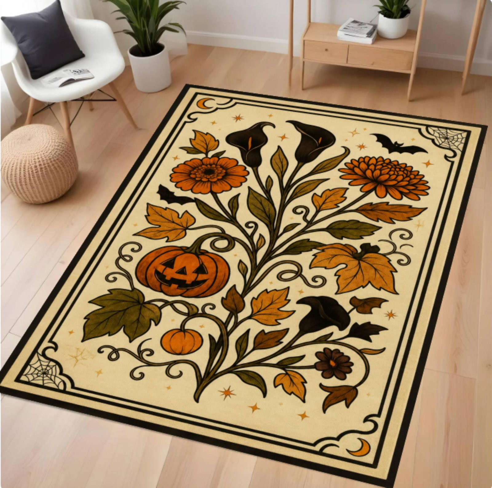 Halloween Pumpkin Rug Washable Non-slip Rug Gothic Floral Pattern AutumnTVC1708374