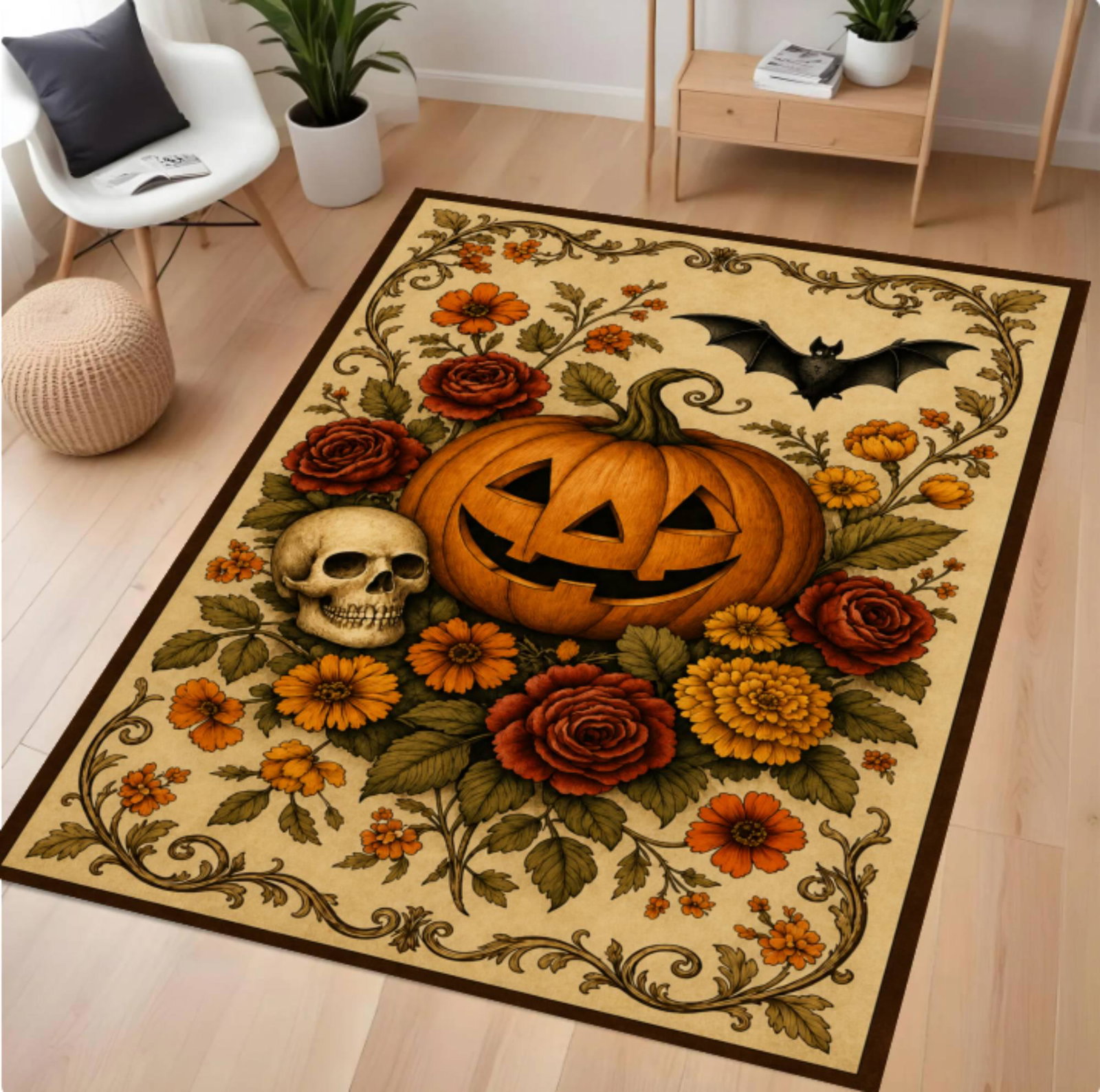 Halloween Rug Vintage Pumpkin Floral Rug Gothic Autumn Decor WashableTVC1708375