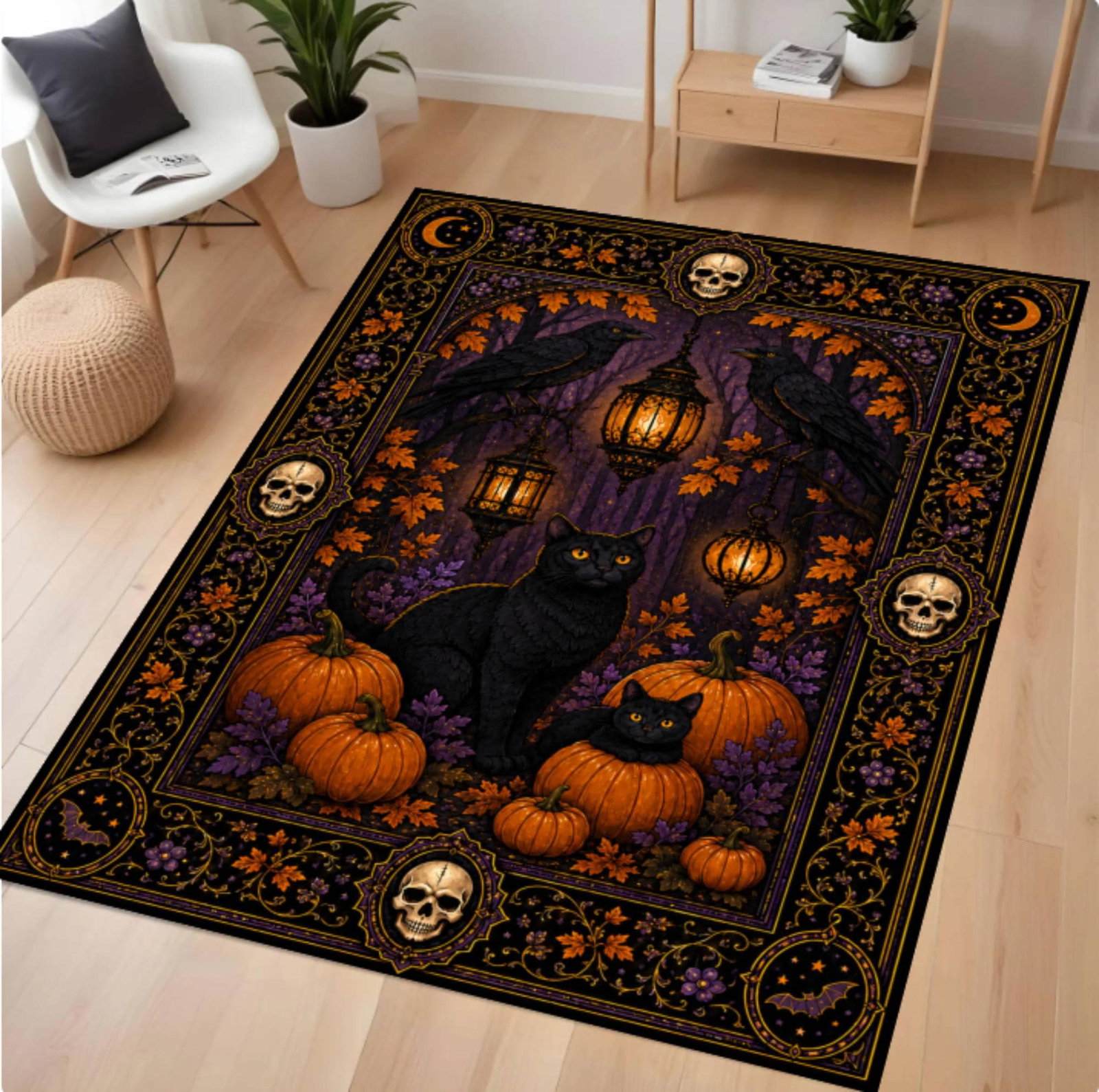 Halloween Rug with Black Cat and Pompoenen Gothic Spooky HomeTVC1708375