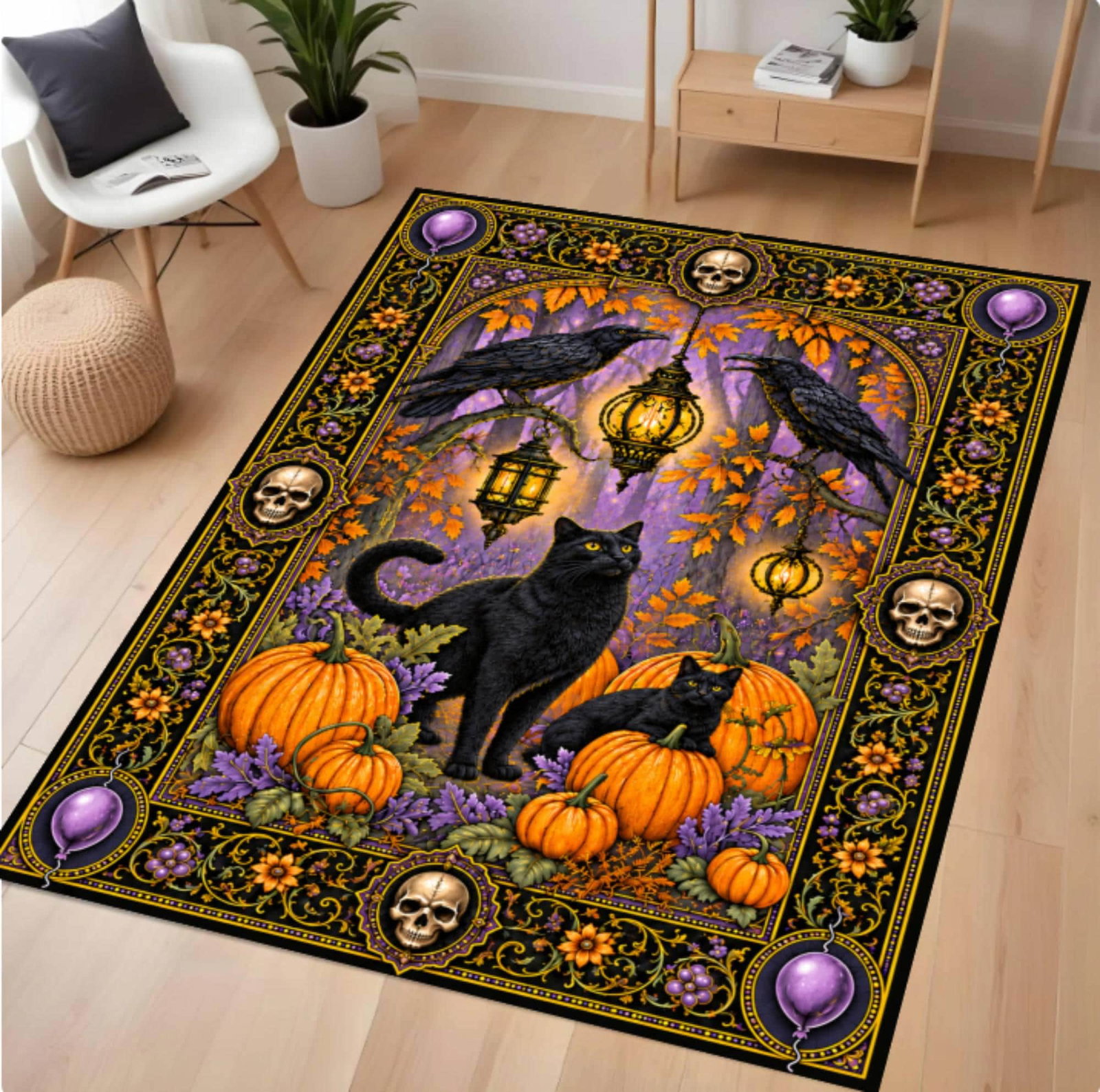 Halloween Rug with Black Cat and PumpkinsTVC1708376
