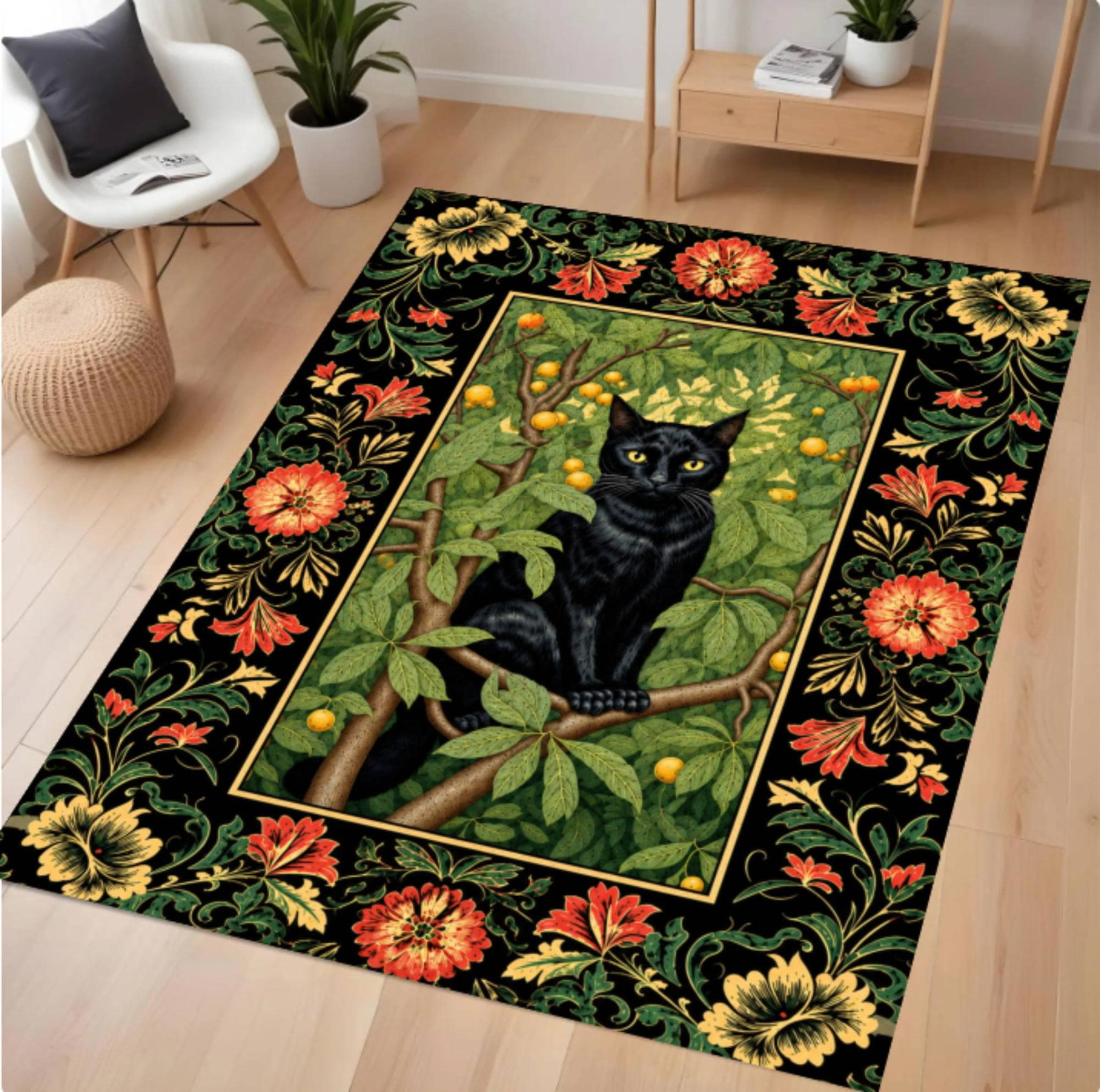 Halloween Rug with Black Cat Gothic Kattenkleed Vintage Floral RugTVC1708375