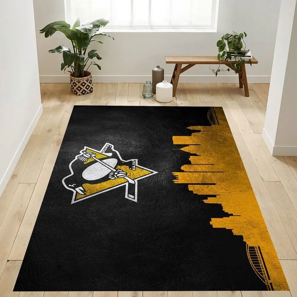 Hockey Area Rug Modern Design for Living Room Black and Yellow