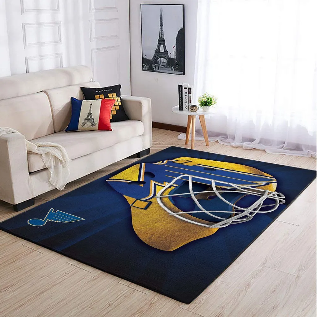 Hockey Helmet Area Rug for Sports Fan Room Decor Blue and Yellow
