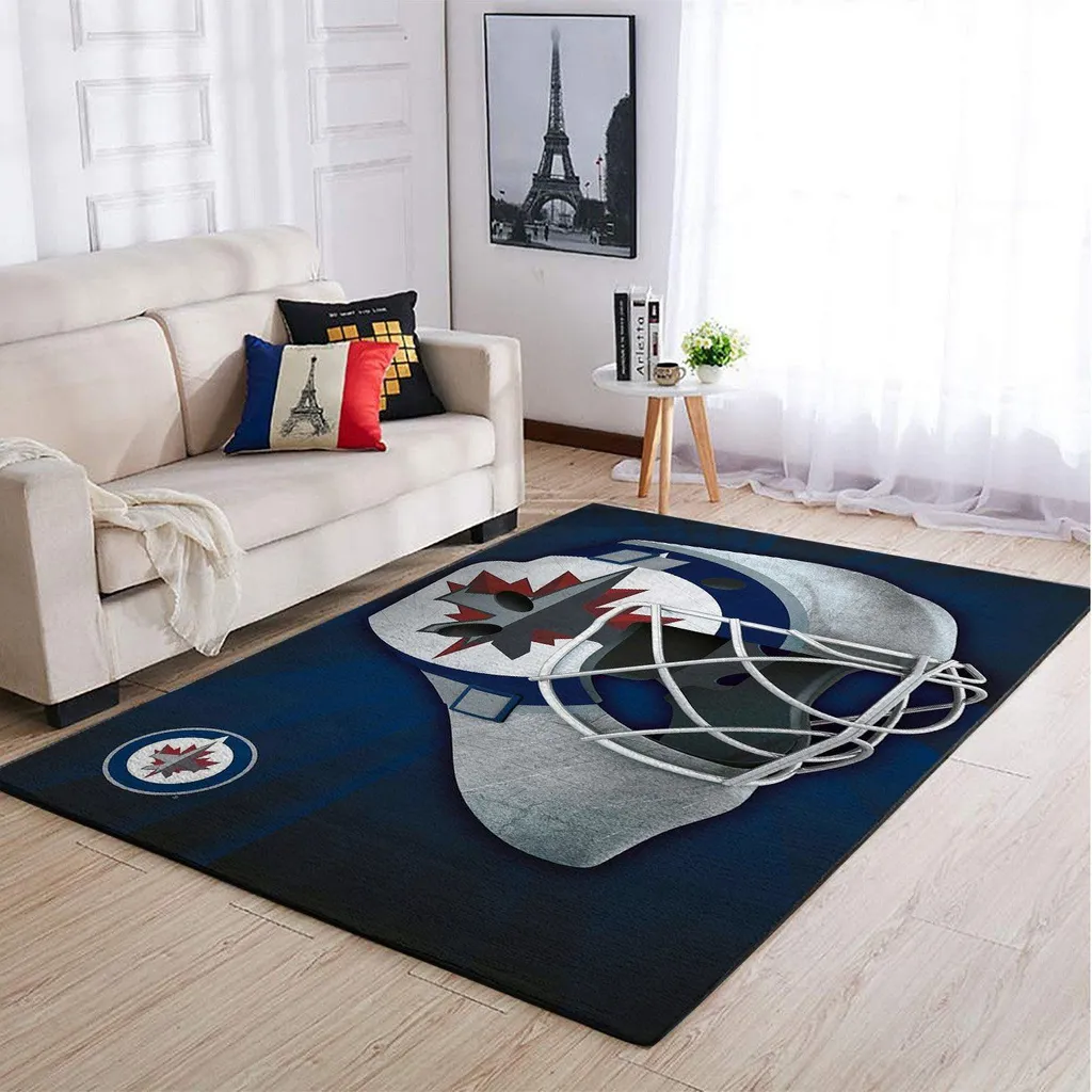 Hockey Helmet Rug for Living Room Floor Decor Blue and Gray