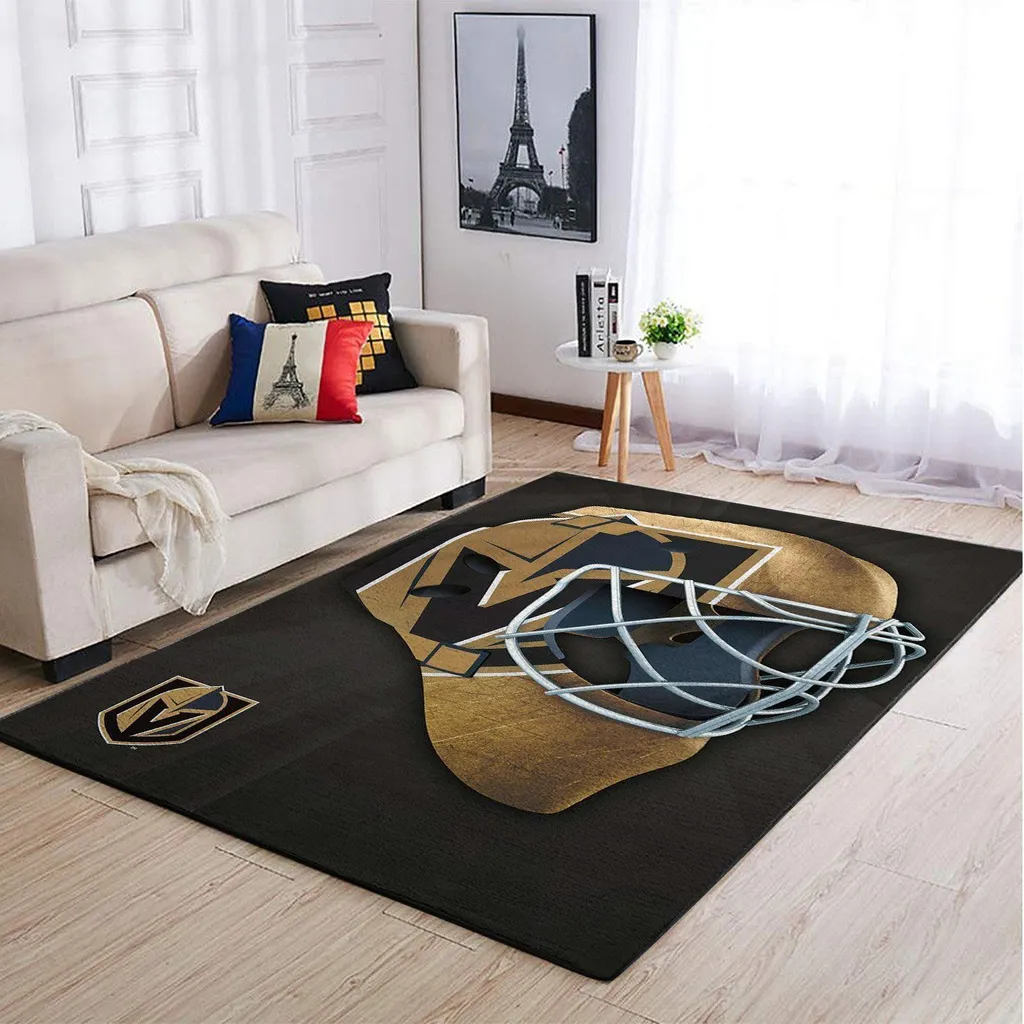 Hockey Helmet Rug Ideal for Sports Fan Room Decor Black and Gold