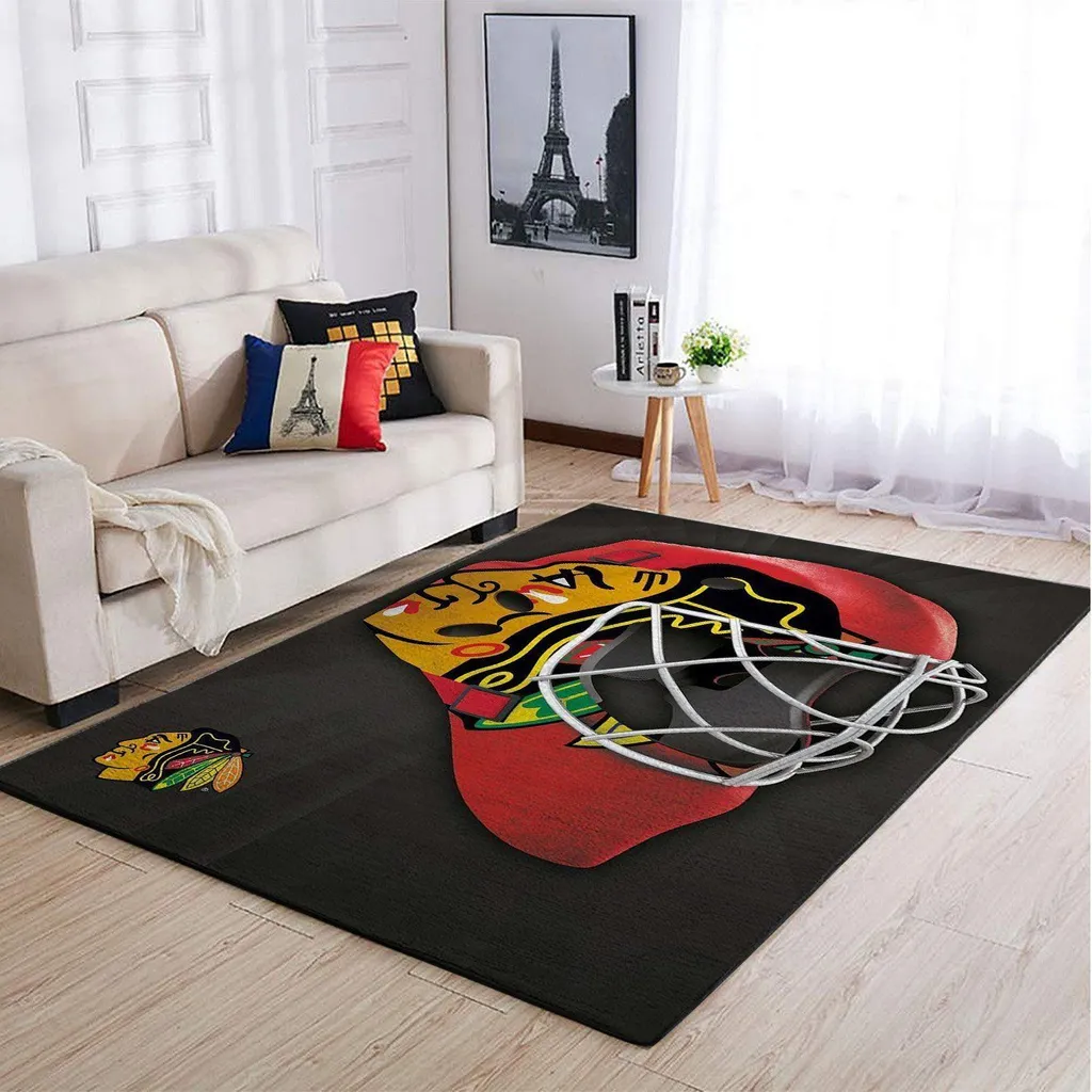 Hockey Helmet Rug Sports Fan Room Decor Carpet Black and Red