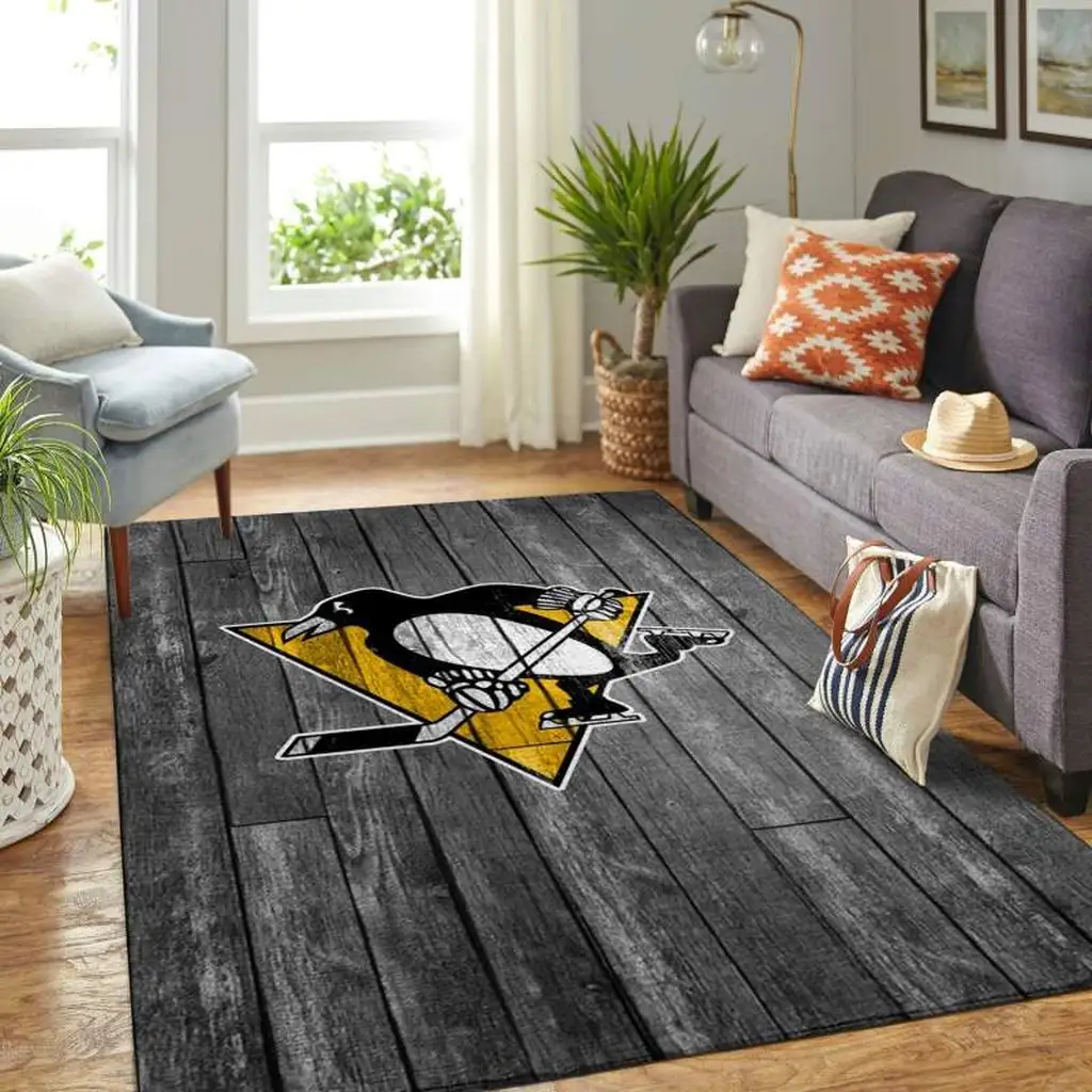 Hockey Penguin Rug Perfect for Living Room Decor Black and Yellow