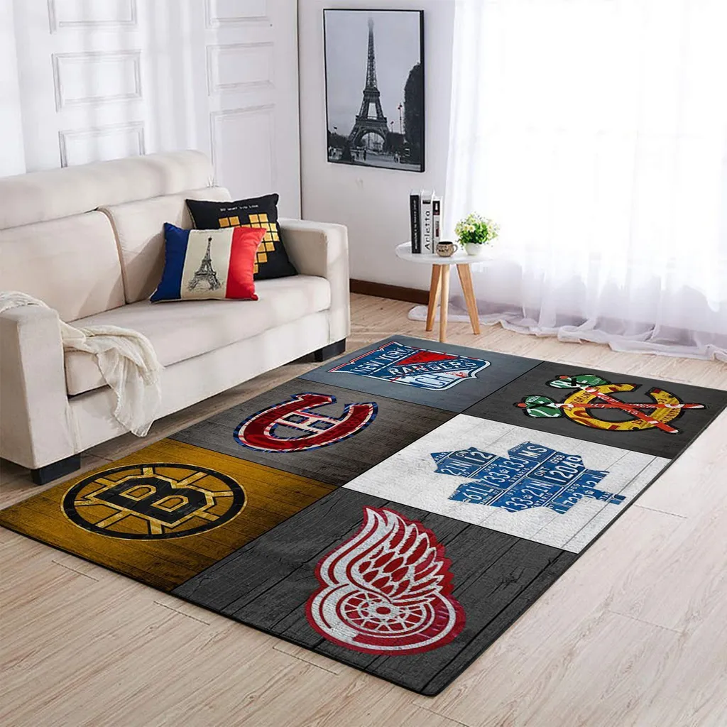 Hockey Team Logo Rug for Living Room Floor Decor Black and Gray